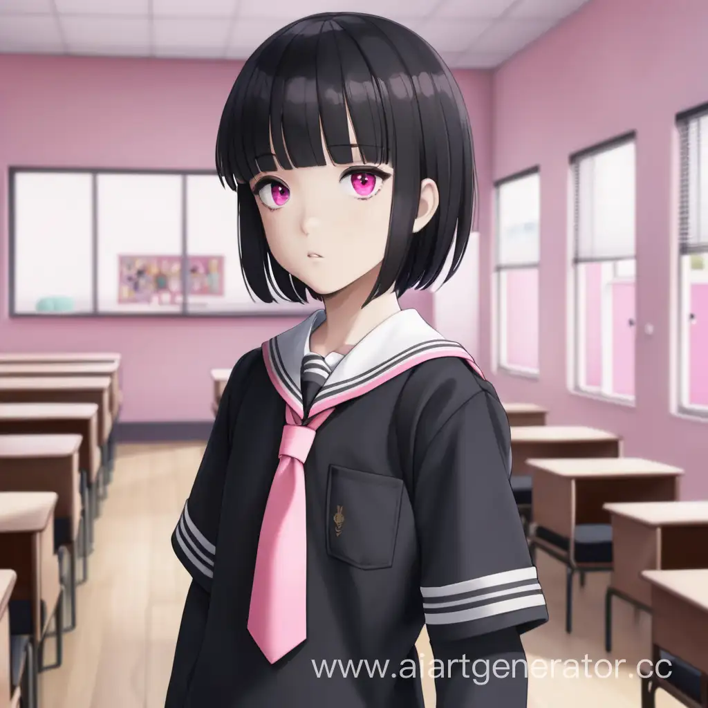 Young girl with black short hair, pink eyes, dark school uniform, standing in the room
