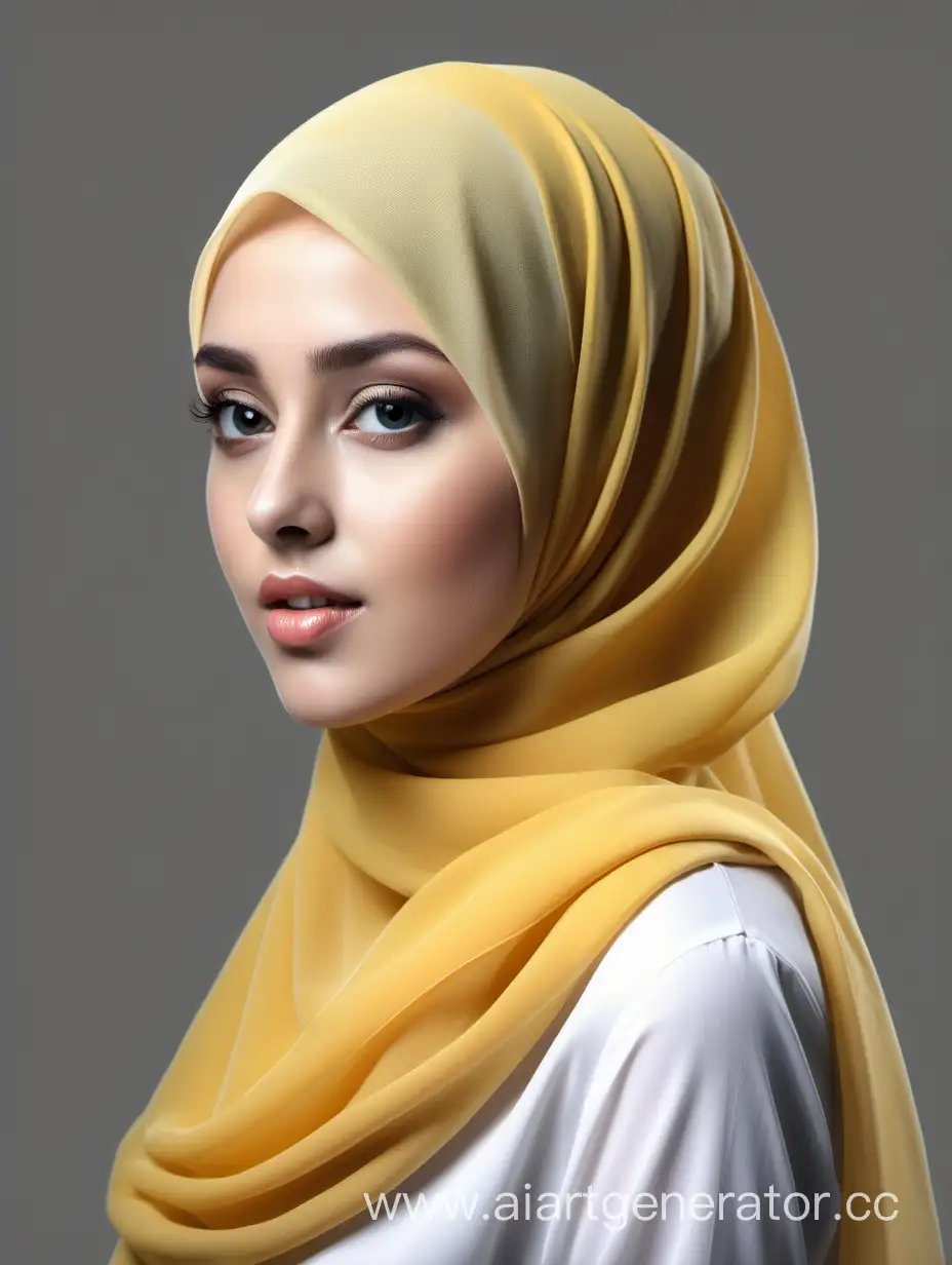 Красивая молодая девушка, шифоновый хиджаб желтого цвета, высокая детализация, реалистичные тени