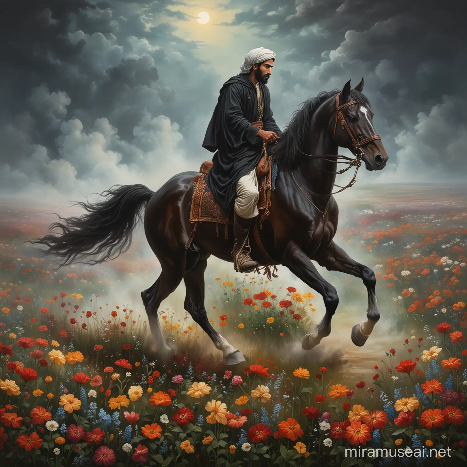Imam hussain on horse and field of flowers , a mist of night ,impressionism  art , painting, style of old master work 