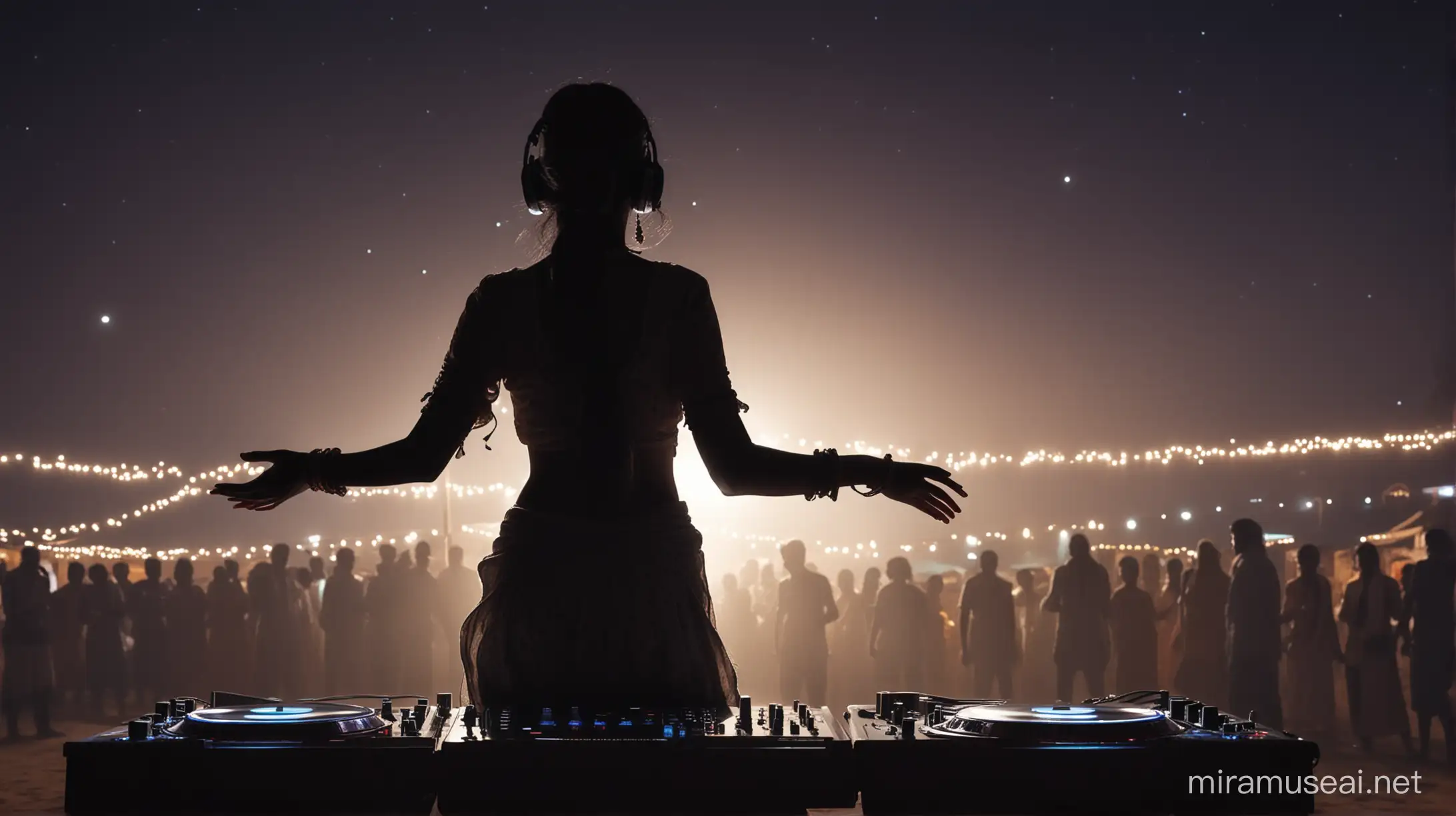 silhouette image of indian village girl dance on DJ, long shot, India village peoples in background, night view, hyper detailed, shot from behind