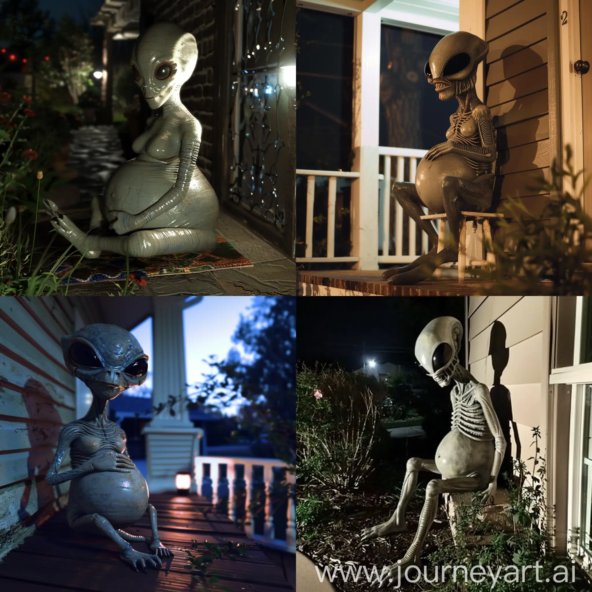 A female gray alien sitting on your porch at night, She is very pregnant. Her pregnant tummy is very large.