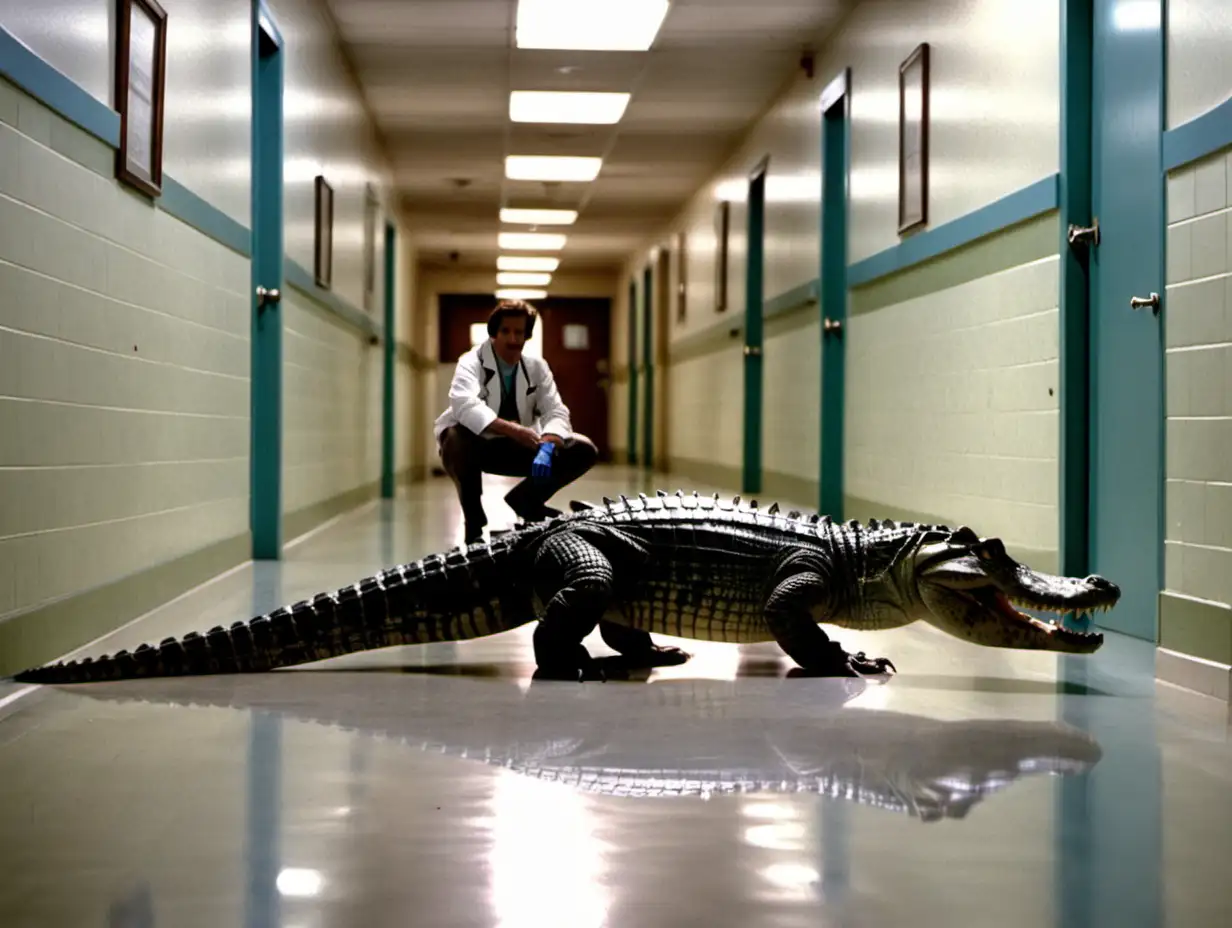 1985, movie still, alligator, veterinarian hallway