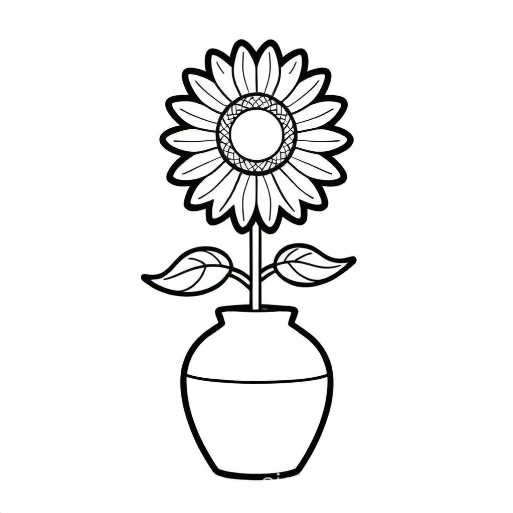 Cute Sunflower in vase, Coloring Page, black and white, line art, white background, Simplicity, Ample White Space. The background of the coloring page is plain white to make it easy for young children to color within the lines. The outlines of all the subjects are easy to distinguish, making it simple for kids to color without too much difficulty