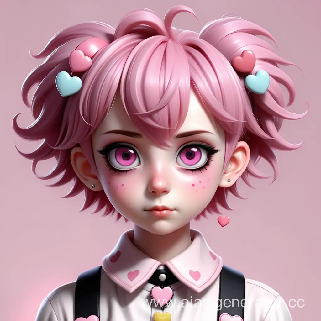 Cute girl with a short boyish haircut, tender pink hair, and cute anime eyes, wearing a pink collar with hearts and candies, also with many cute hair clips