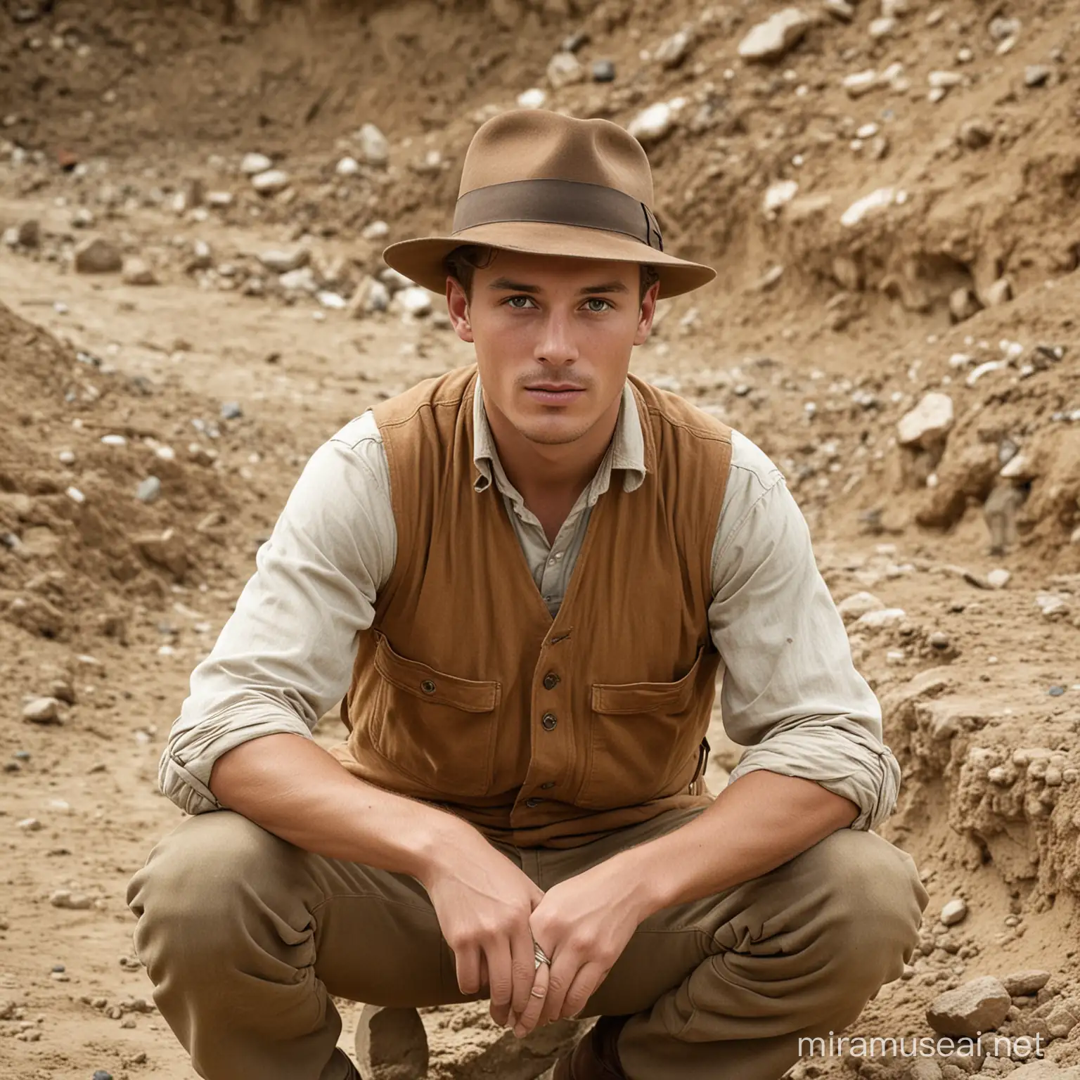 Archaeologist, young man, 1920s, europe, brown hair, fedora hat, excavation site, colored, brwon vest