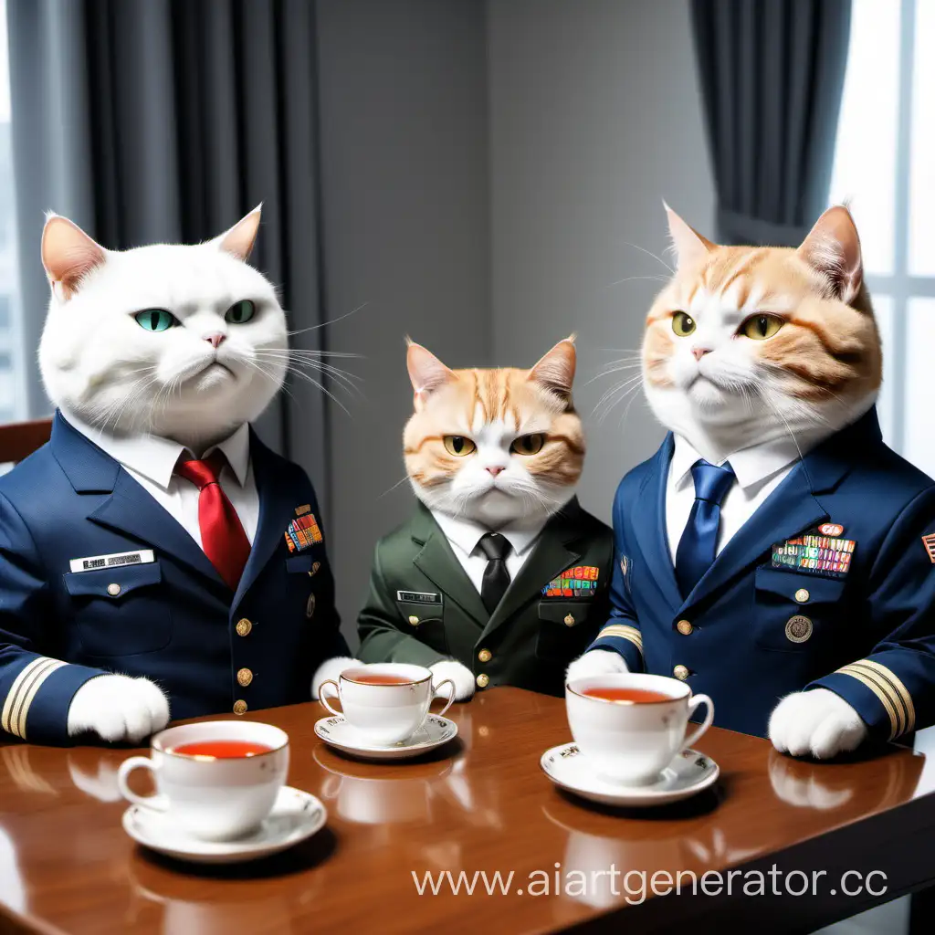Кот военный,кот инженер и кот в деловом костюме ,в квартире, пьют чай