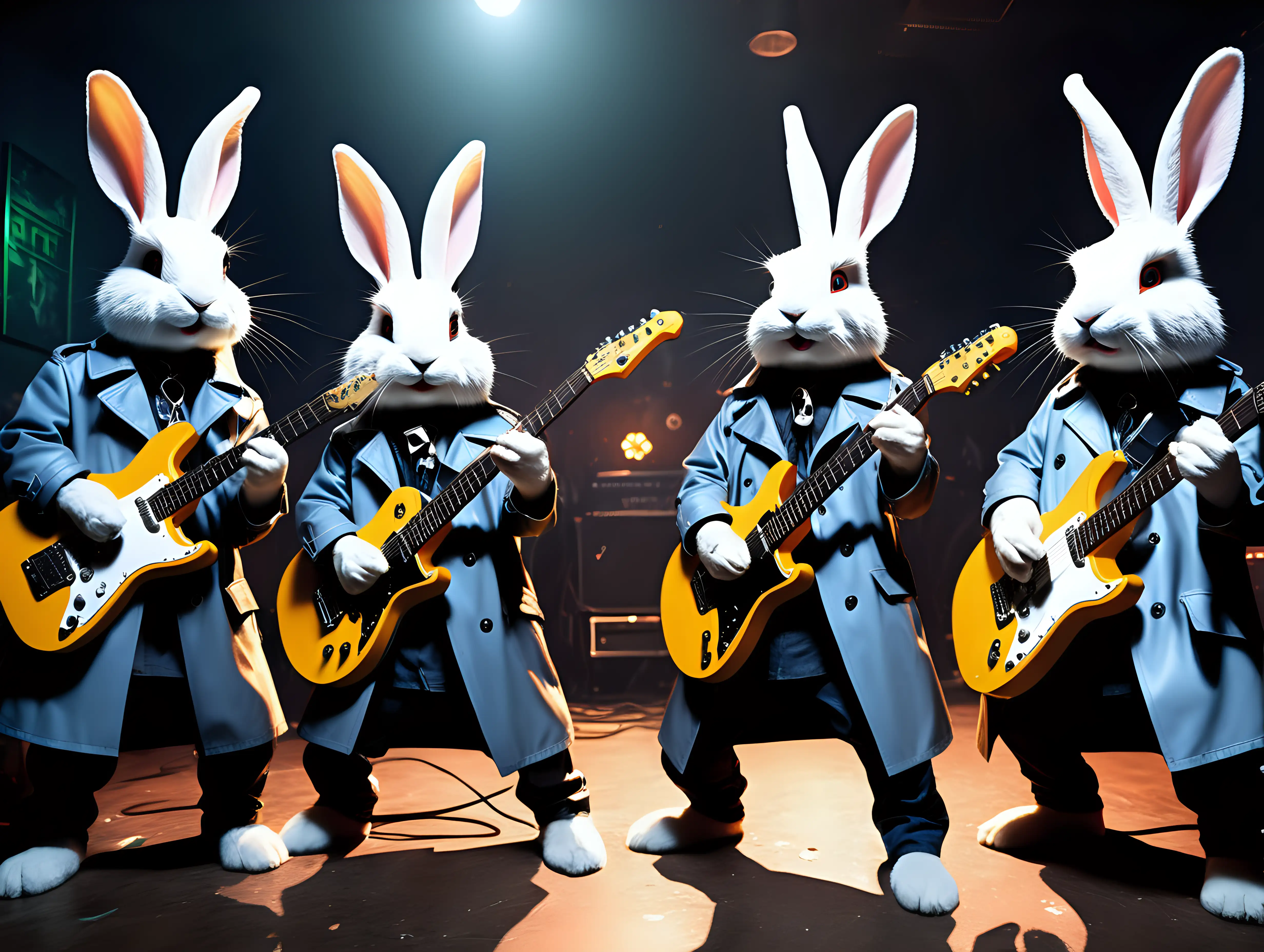 5 rabbits in trench coats playing heavy metal guitars in a night club