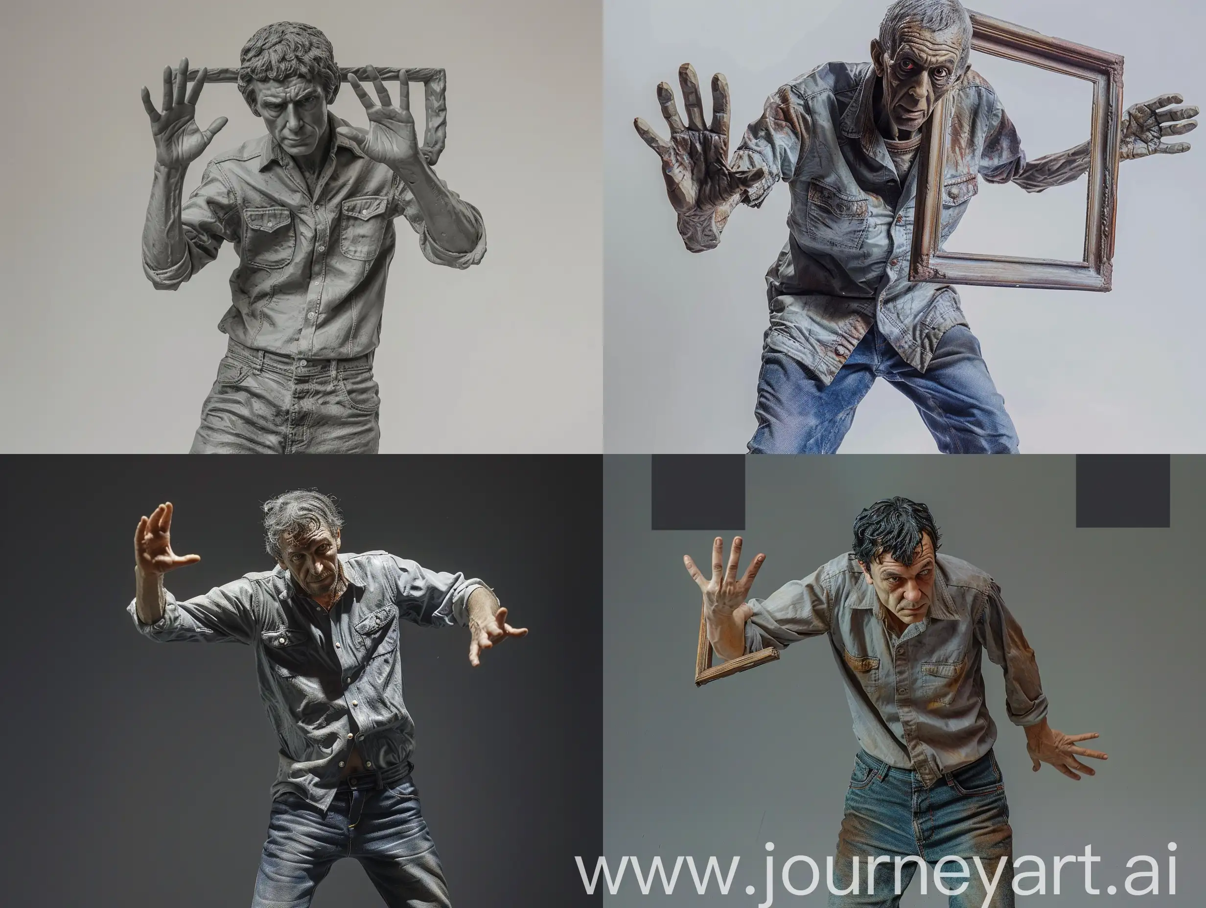 Скульптура, Андрей Тарковский, кинорежиссёр, джинсы, рубашка, руками показывает кадр, кадрирует ладонями, прищурился, стоит