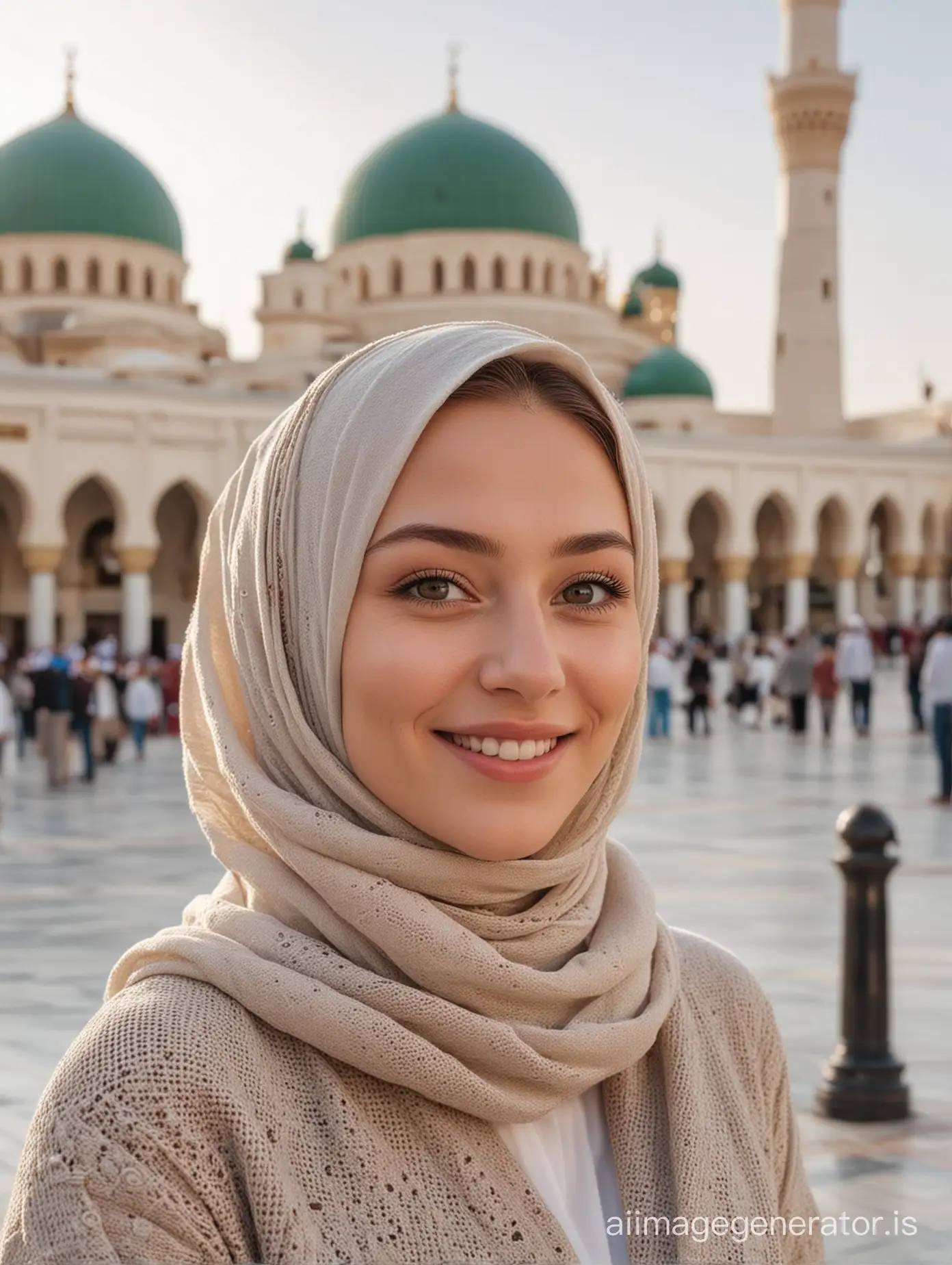 Russian girl in hijab, wearing outer cardigan, eye level, dynamic pose, smile, deep focus,background Mecca mosque