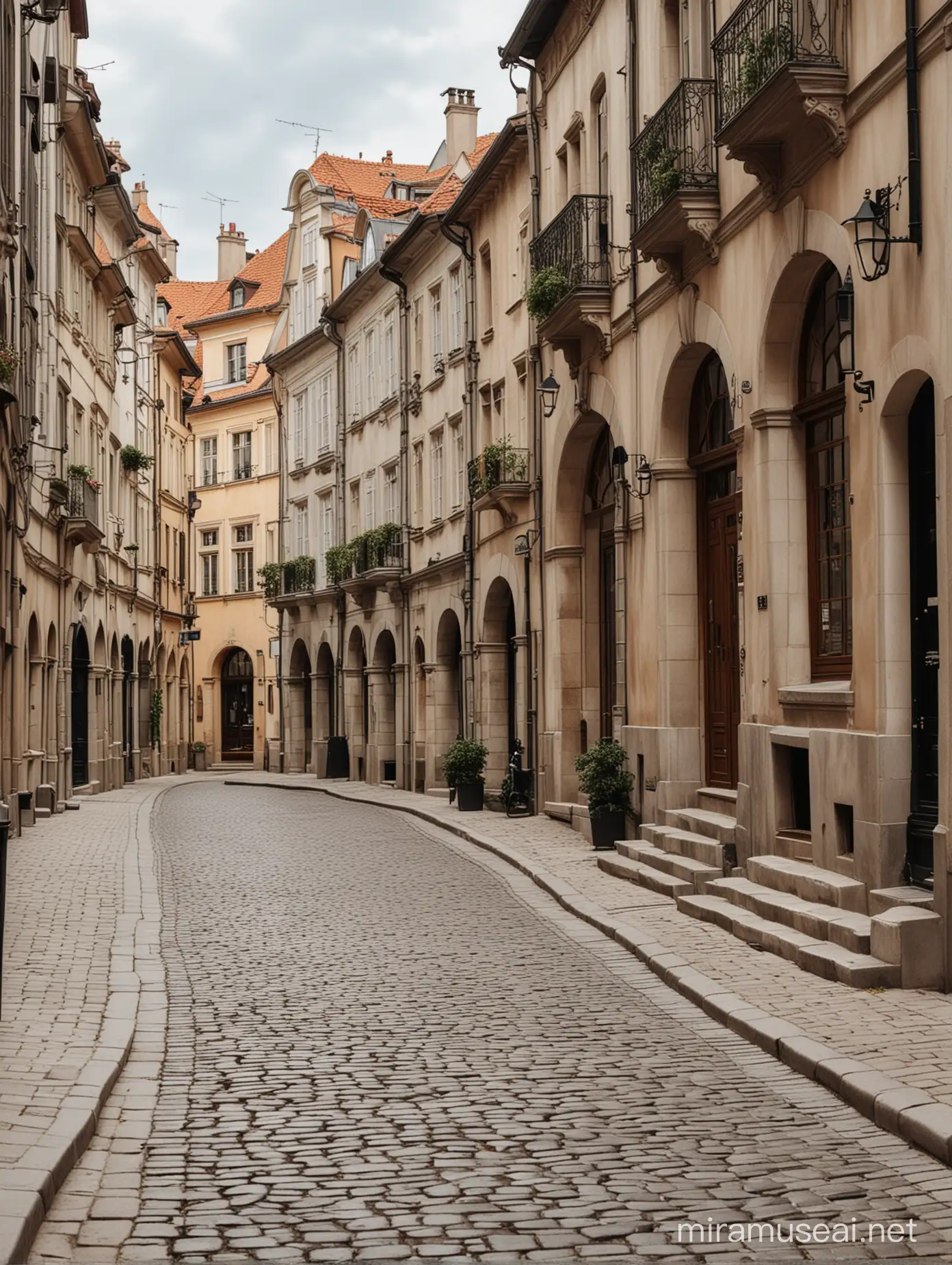 European Fashionable Street with Vibrant Storefronts and Cobblestone Path