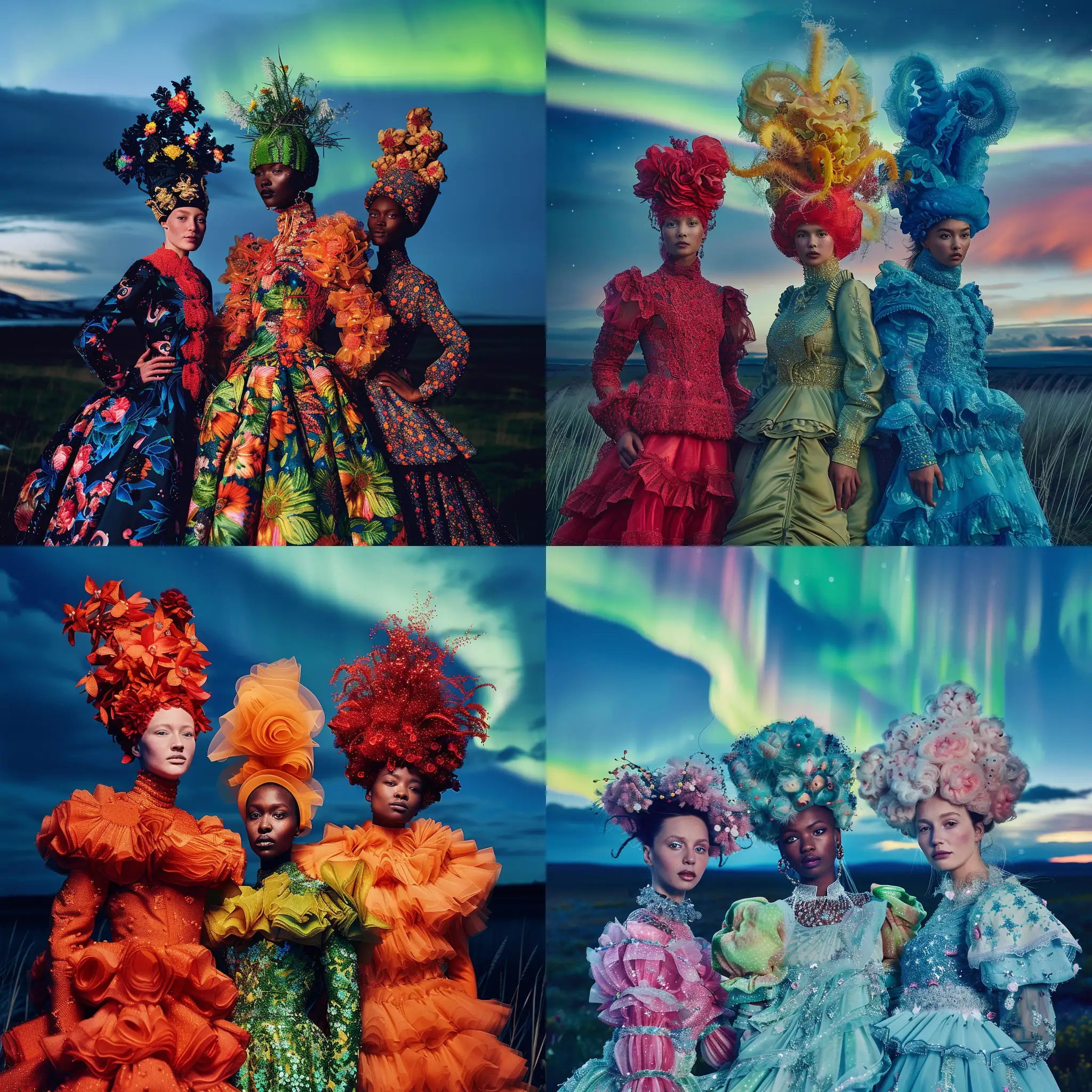 Haute-couture advertising campaign photographed by Erik Madigan Heck. Three models wearing spring Avant-Garde costume.  Northern lights in sky --v 6.0