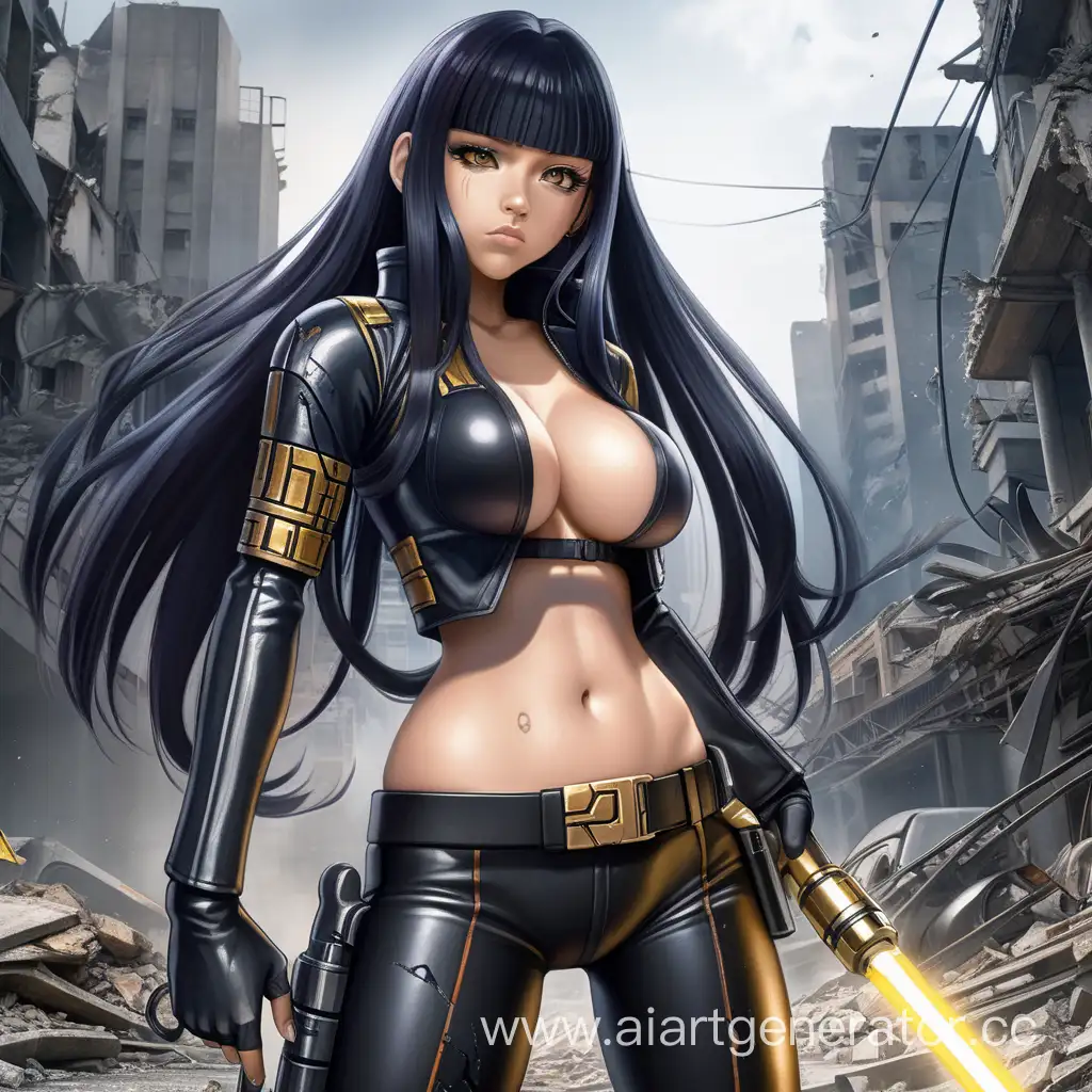 Hinata with long hair,style cyberpunk, a tight black latex outfit with a big cleavage, armed with a golden lightsaber, in a destroyed city.