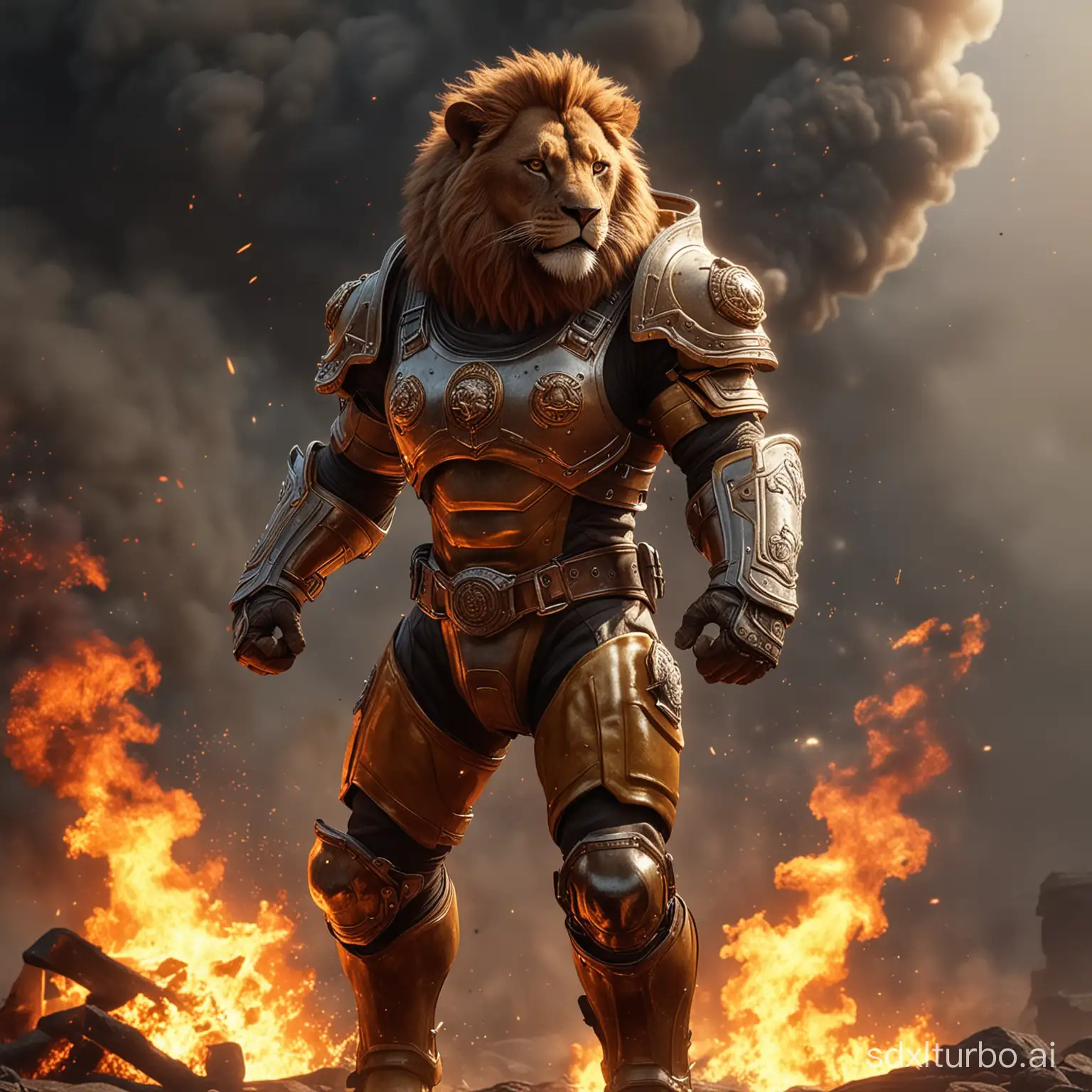 Löwe in menschlicher Form, in die Luft, muskulös, Kämpfer, Feuerwehrrüstung, 4k, fotorealistisch, filmische Beleuchtung, Feuer im Hintergrund