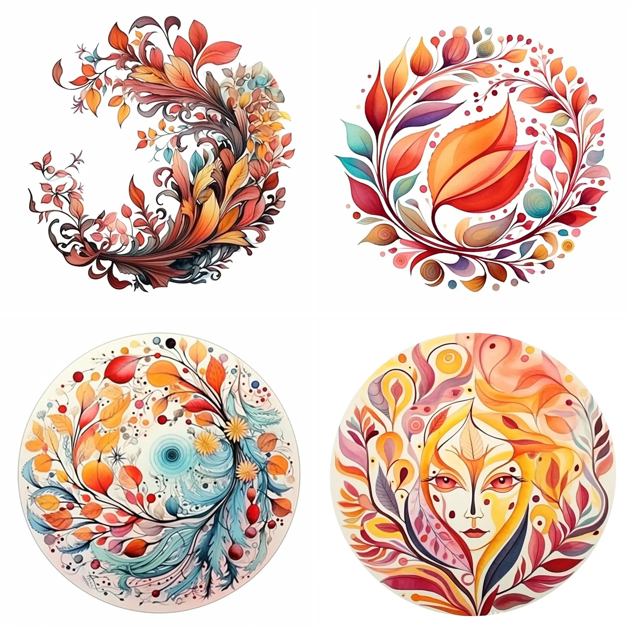round autumn ornament, stylized caricature, many details, bright colors, on a white background, Victor Ngai style, watercolor, decorative, flat drawing