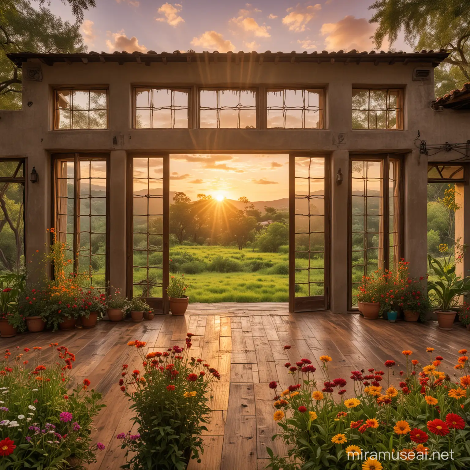 Hacienda mexicana preciosa con ventanas piso rustico que ve el bosque con gran pradera verde y muchas flores de colores un gran sol al atardecer