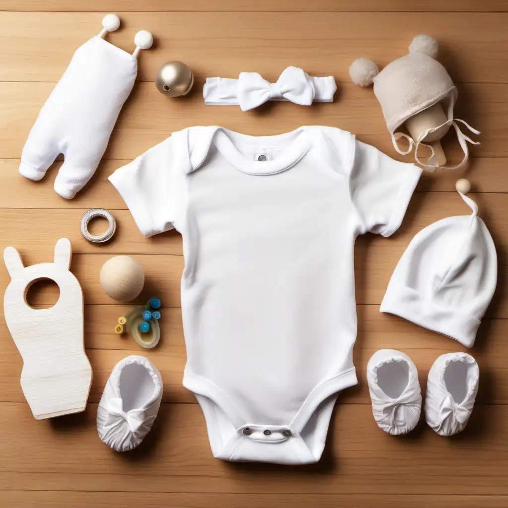 Bright Wooden Table Setting with Baby Onesie and Accessories