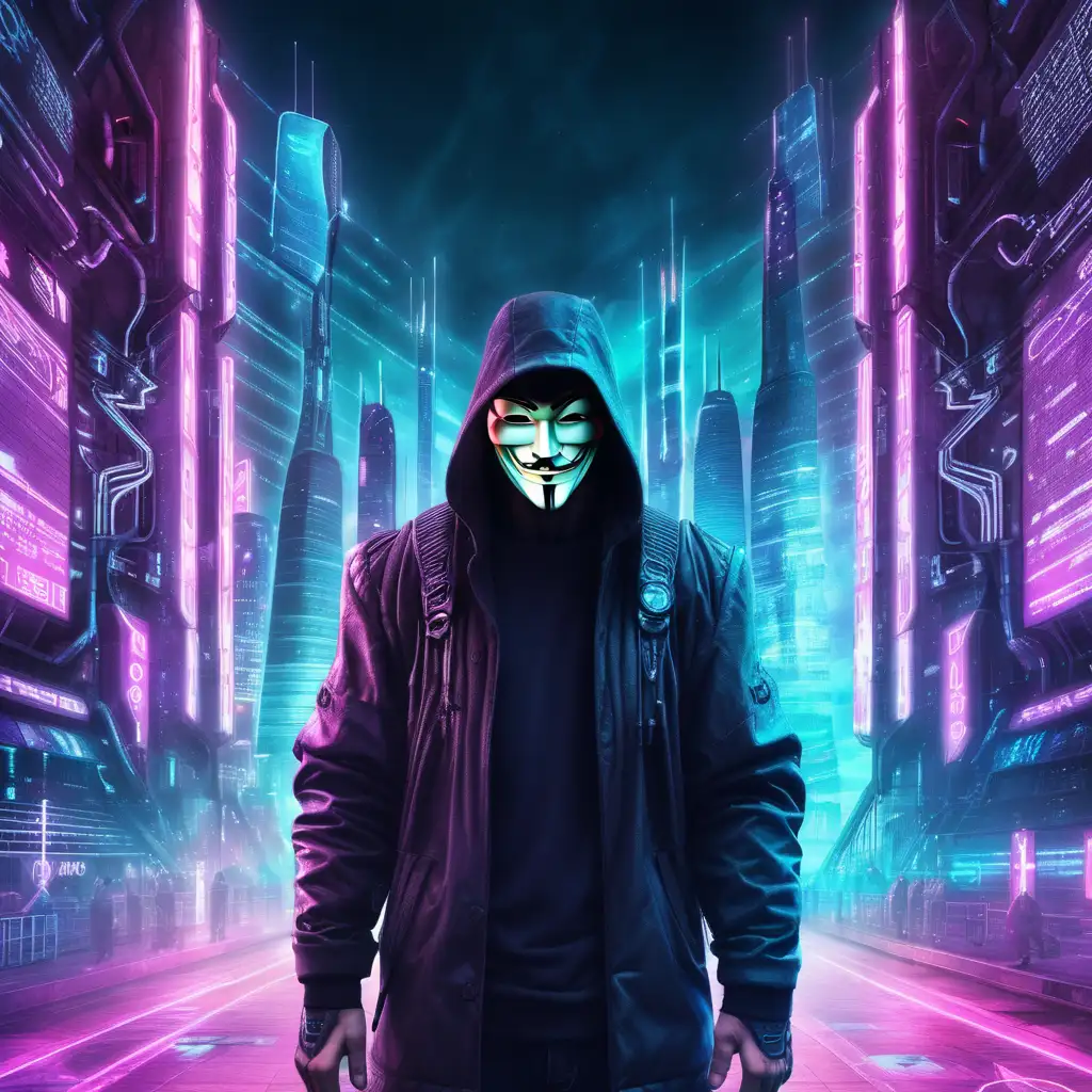 Anonymous man, futuristic cyberpunk background