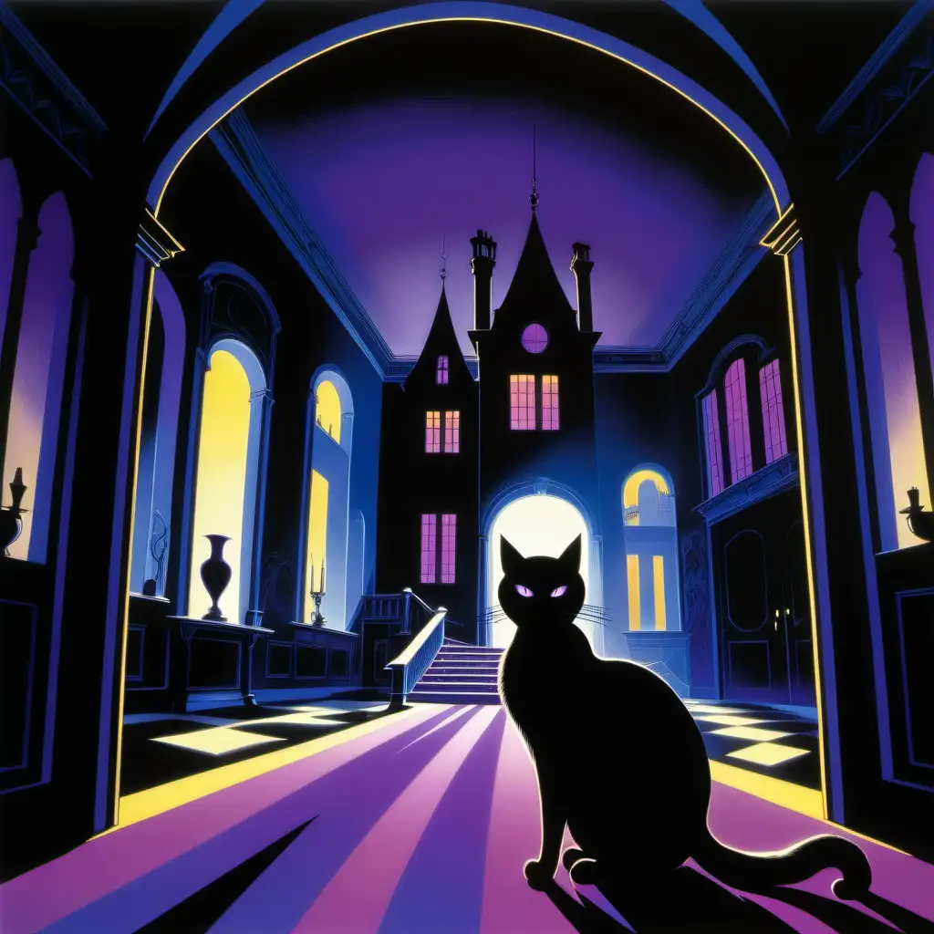 A black cat with purple eyes in a room in a large manor house at night with long shadows painted by Eyvind Earle
