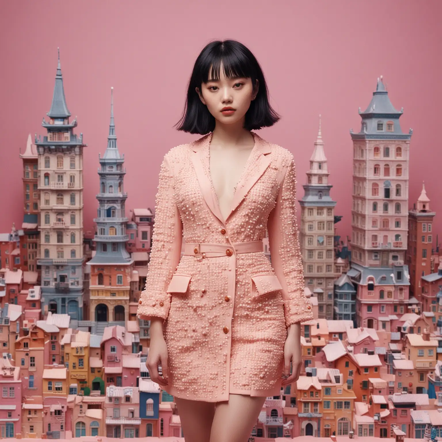 Fashion photography. Innovative, avant-garde, high-saturation designer attire, full-body, miniature. Camera: full-frame. Lens: telephoto. Style: Song Wan Jie and Harper's Bazaar-inspired. Film: miniature city studio backdrop. Model: Nana Komatsu.