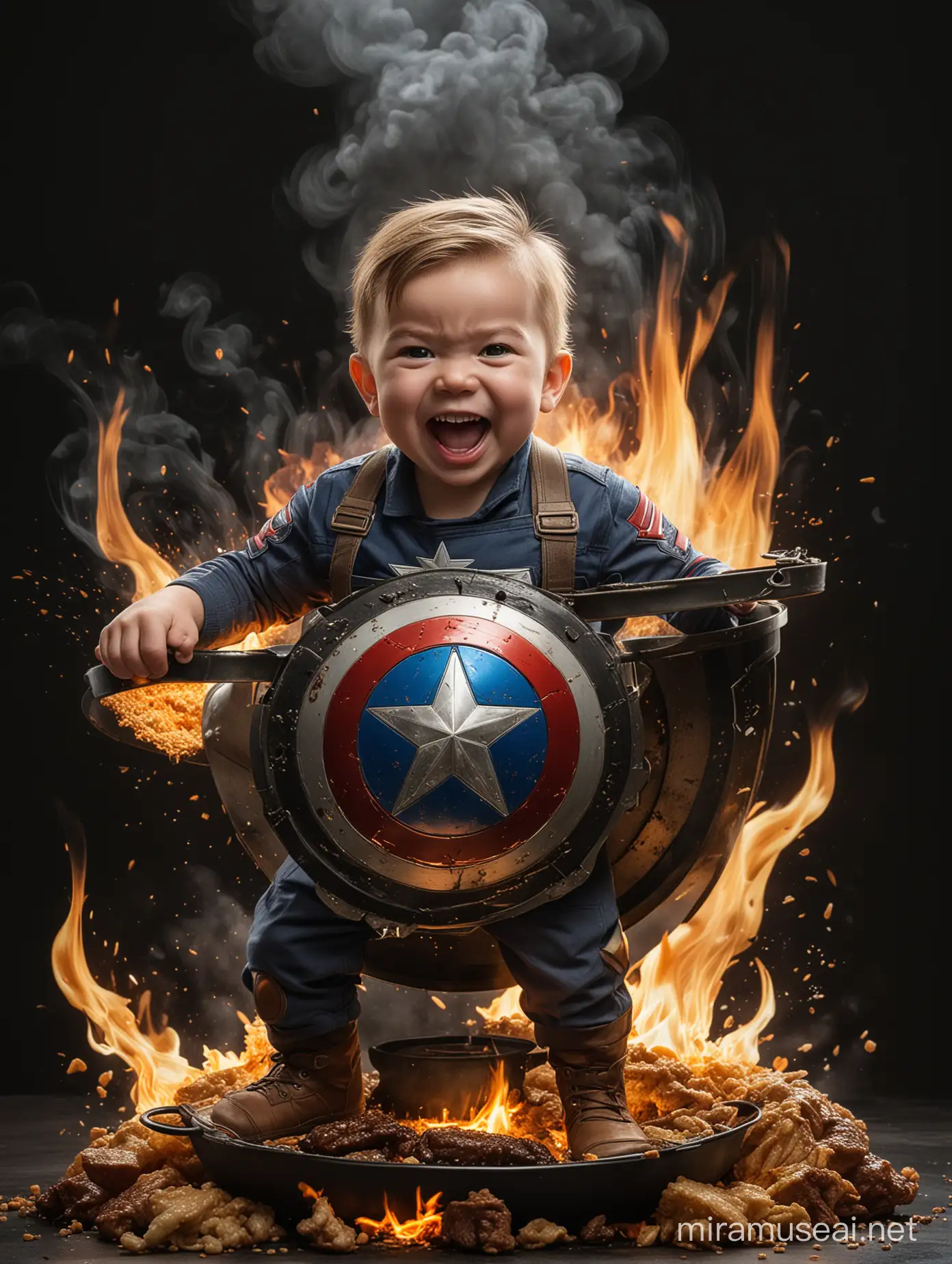 Provide an image of Captain America baby form caricature memes cooking fried rice using captain america's shield as a substitute for a wok. The fried rice is depicted flying off the Captain America's shield as a substitute for a wok, with flames blazing underneath it. Captain America is shown cooking at an interesting perspective angle, with his cart and the Jakarta market for the background. He is smiling and laughing while cooking. Ensure a dramatic effect against a high-contrast black background for printing in DTF (Direct-to-Film) Printing or water-based color printing. The image and background should be centered and uncropped.