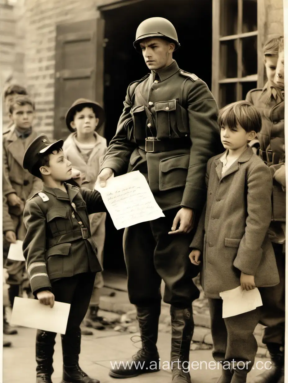 Soldier-Holding-Family-Letter-amidst-Children-Distributing-Leaflets