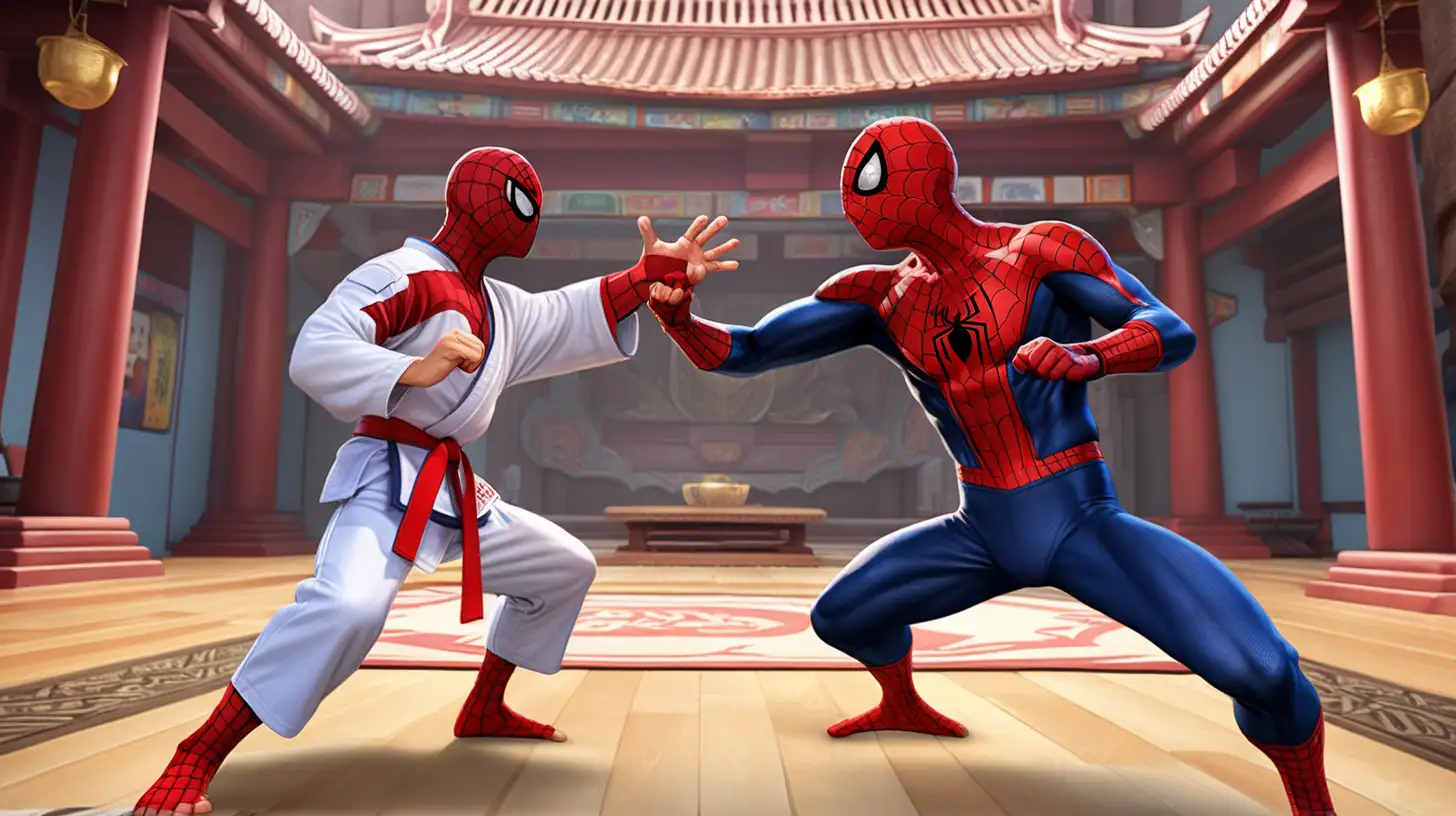 Prepare for epic versus- karate fighting action, between spidermanhero and super villain on the Temple Environment round abou