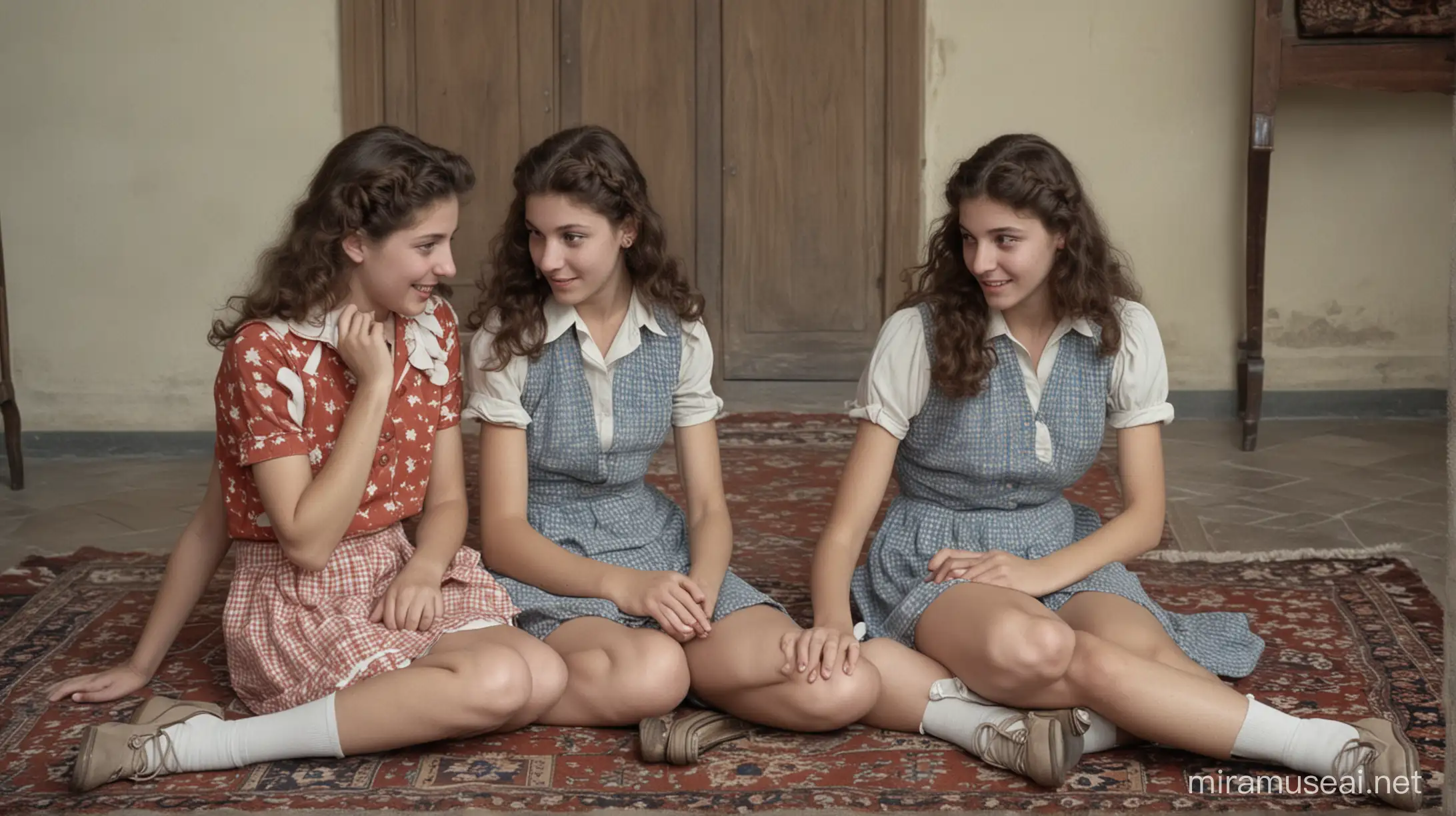 Italian Teenage Twin Sisters Chatting on a Rug in Florence Apartment 1945