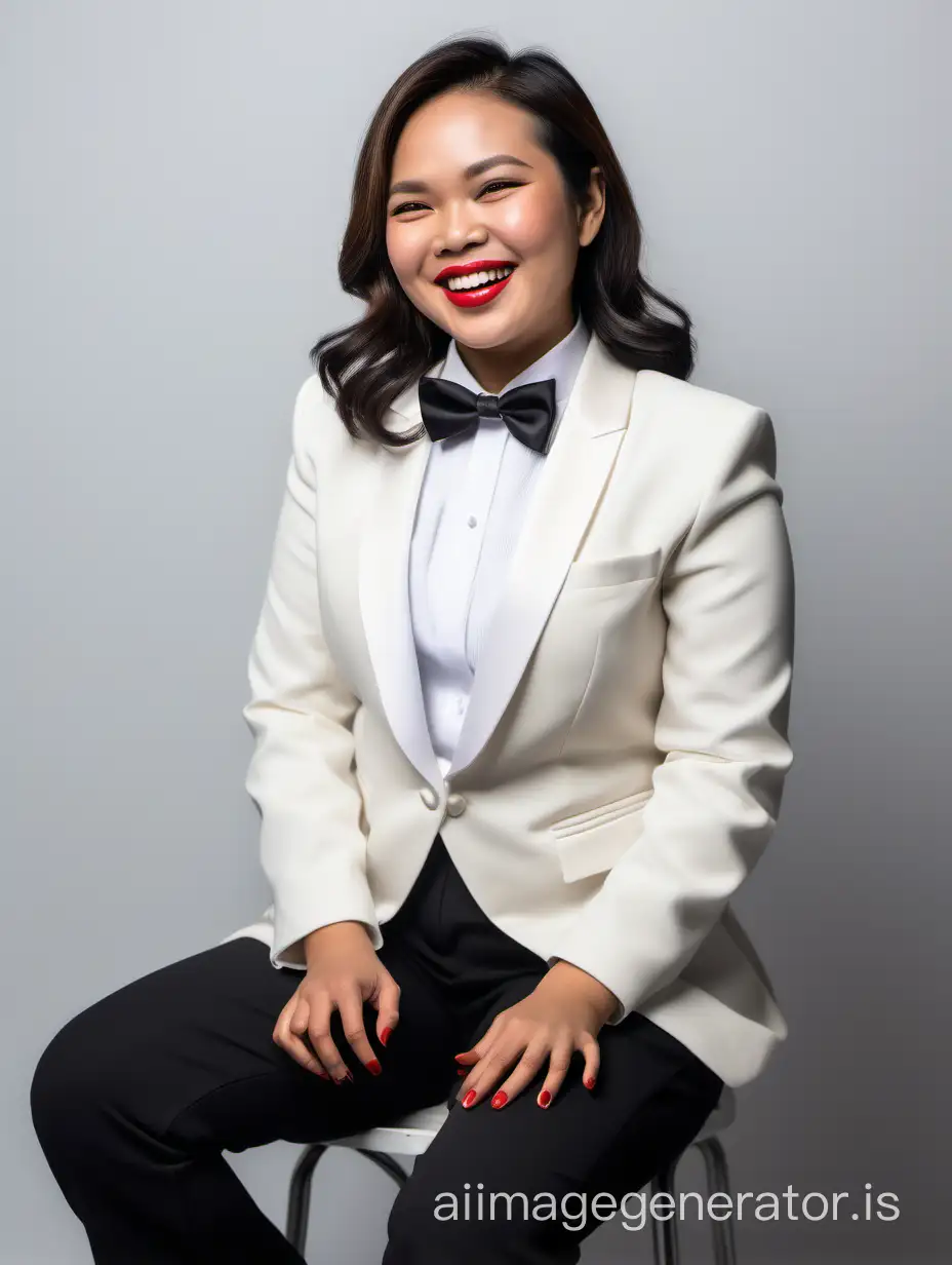 seated smiling and laughing Filipino woman with shoulder length hair and lipstick, wearing an ivory tuxedo with black pants, wearing a white shirt, wearing a black bow tie