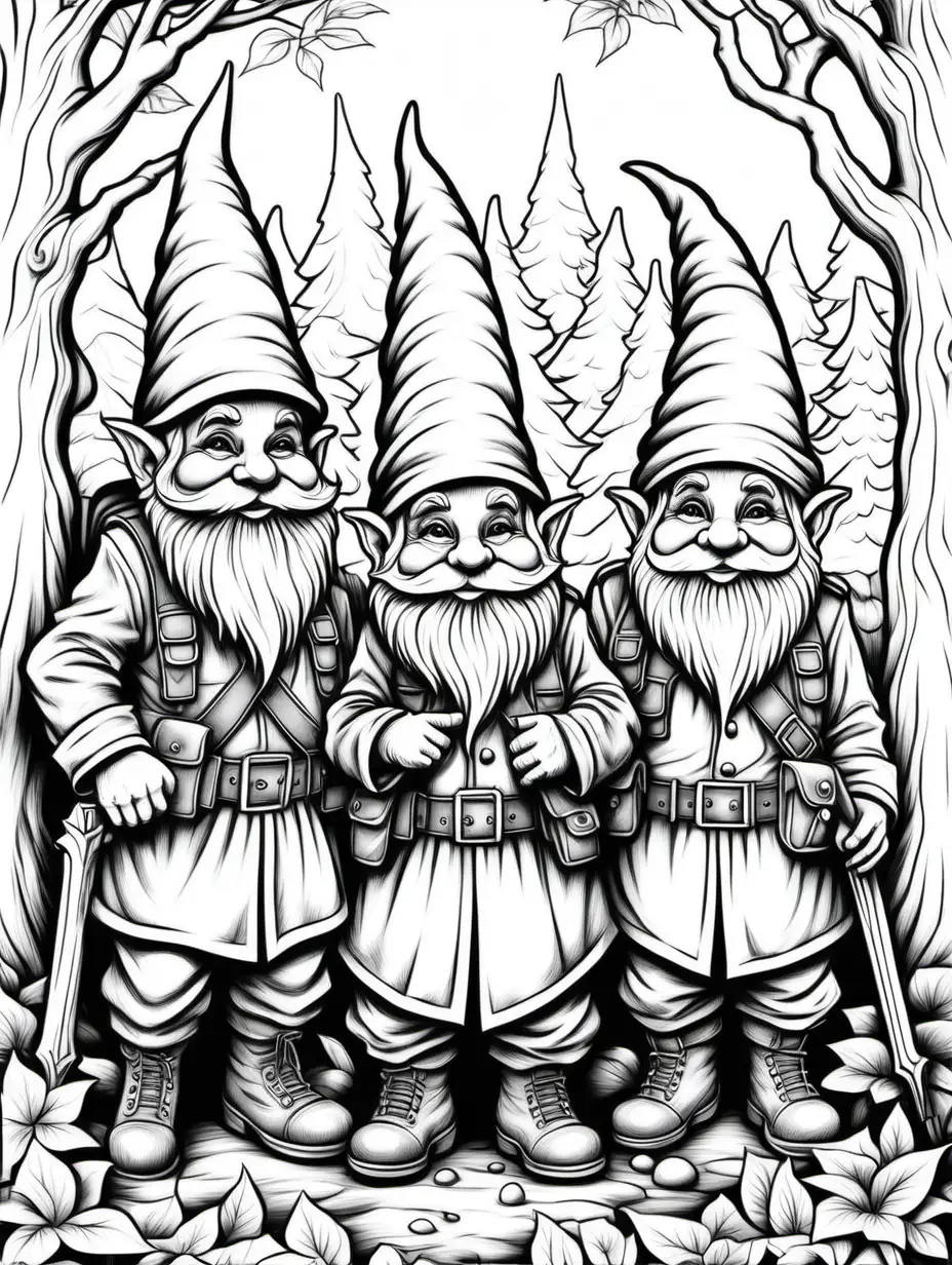 coloring page for adults,army gnomes, dark thick lines, no shading