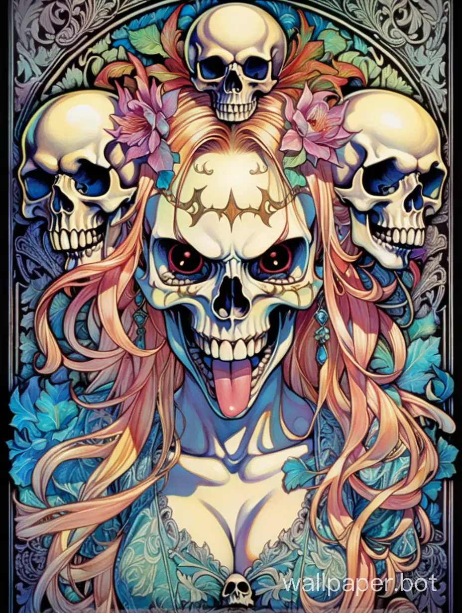 skull young Succubi, skull Beautiful face, evil laugh, open mouth with tongue, chaos ornamental, neon details, darkness, asymmetrical, William Morris poster, Alphonse Mucha hyper-detailed, torn poster edge, high contrast, chaotic chromatic dripping colors, explosive colors, sticker art