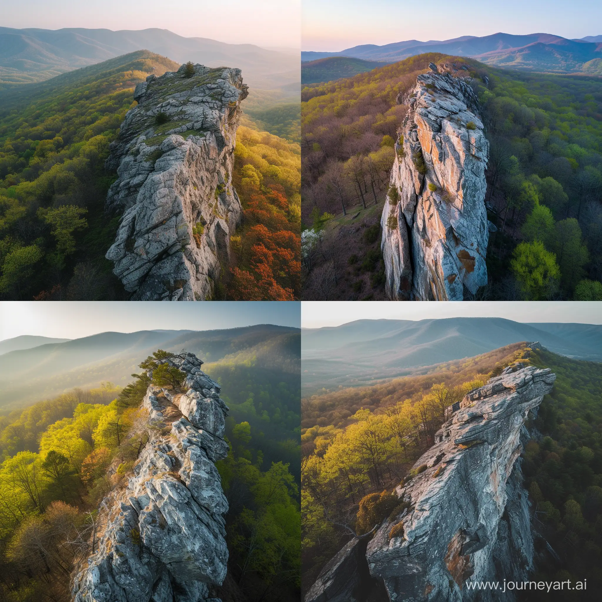 photo of humpback rock outcrop, virginia, blue ridge mountains, drone photography looking at the outcrop, spring foliage, early morning