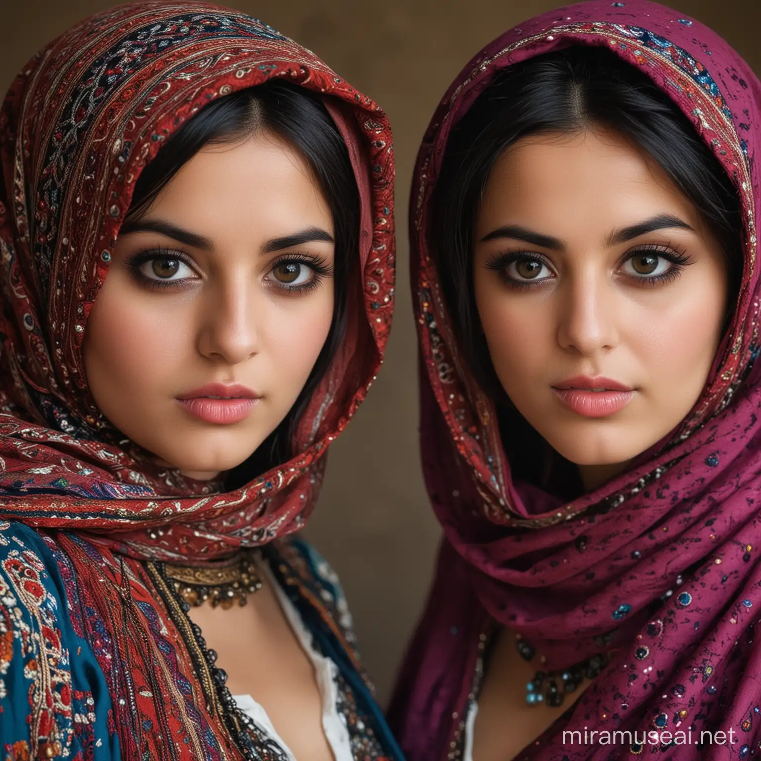 اگر تصویر دو دختر زیبای حجابی افغانستانی که لباس محلی دارند و چشم های بزرگ و سیاه و لب های سکسی و سینه های بزرگ را به تصویر بکشی چگونه خواهد بود