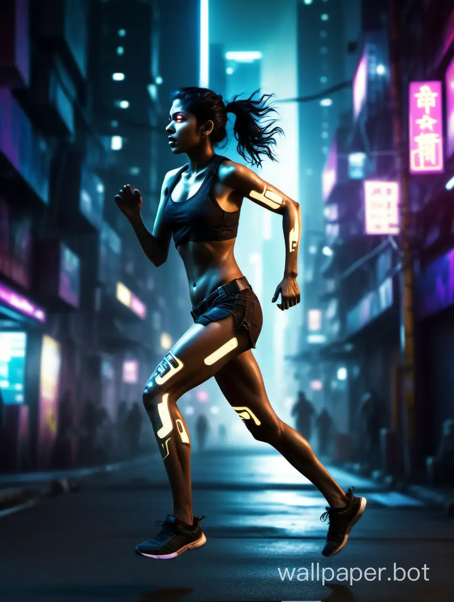 Glowing body of Indian Female half humanoid body, running in night at Cyberpunk City, side angle full body view