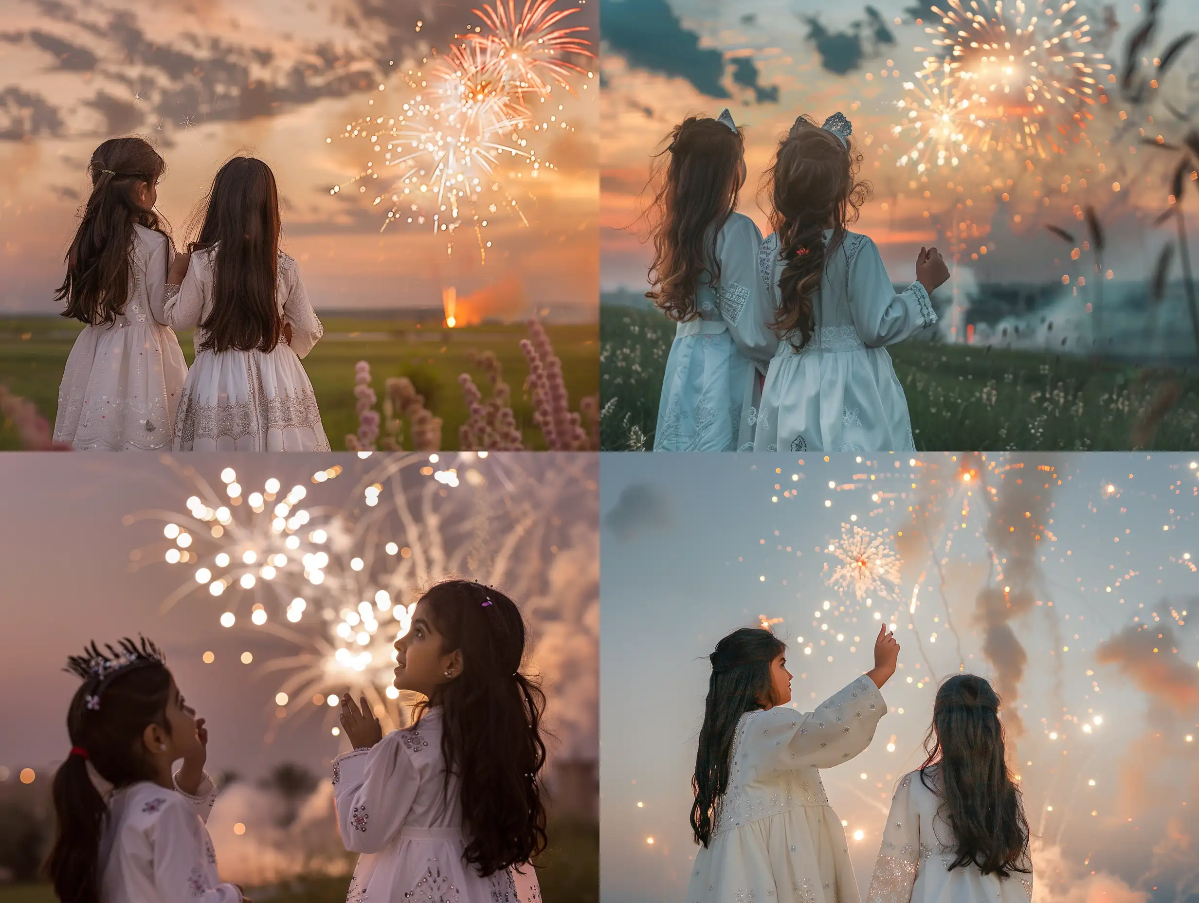 Girls in white Eid dresses, standing happily and looking at the fireworks in the sky, aspects of Eid Al-Fitr
Professional portrait photography, HD digital camera, contemporary era, warm color palette., Portrait, Realism, Keyshot, Normal perspective, Mirrorless Camera, Natural Light, Delight,