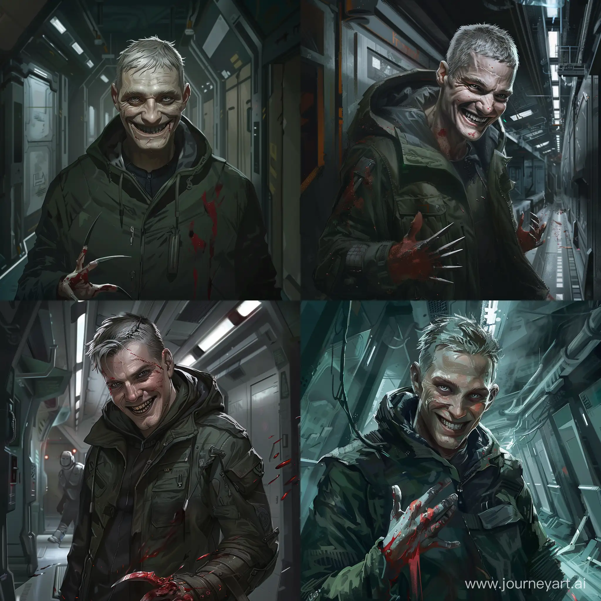 A tall, athletic, gray-skinned man. He has short, blond hair with straight, hanging strands. Grey eyes. He is wearing a dark green jacket with a hood. The hood will cast a shadow on the face. He has a joyful face, he smiles and looks at the viewer. He has sharp teeth. Fingers with thin claws. The man is covered in red liquid. Сorridors of the space station in the background