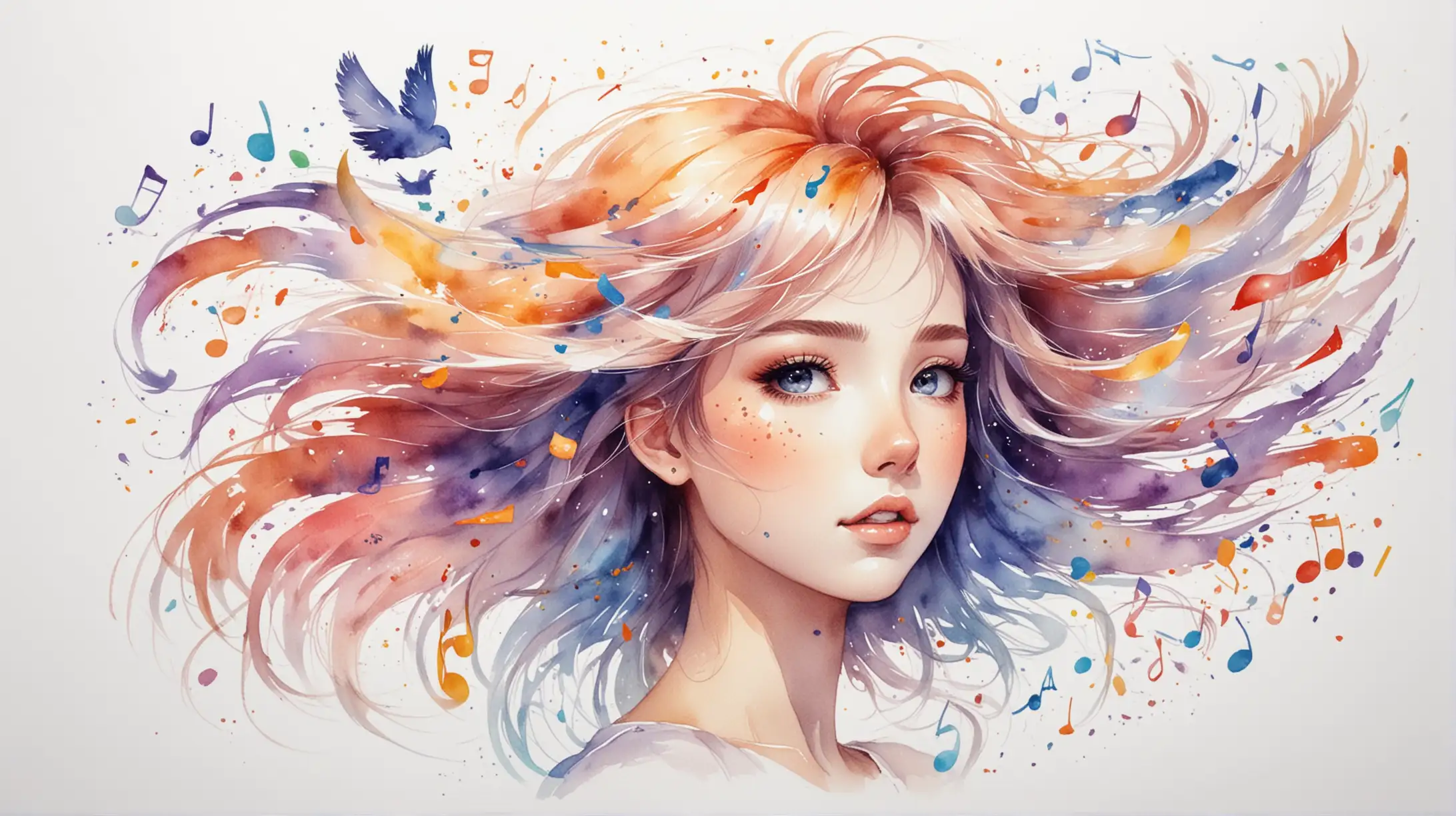 Anime Style Portrait of a Girl with Colorful Flying Notes