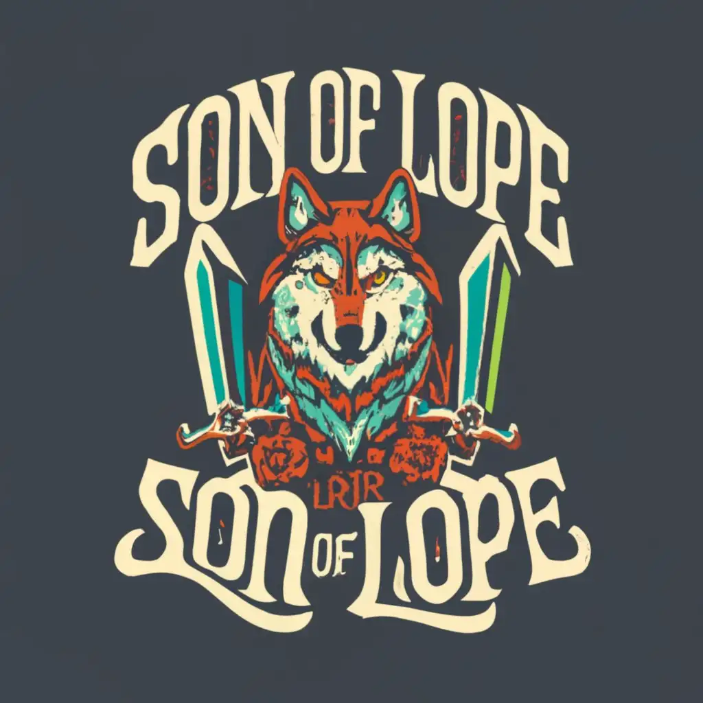 logo, wolf with sword, with the text "son of lope", typography