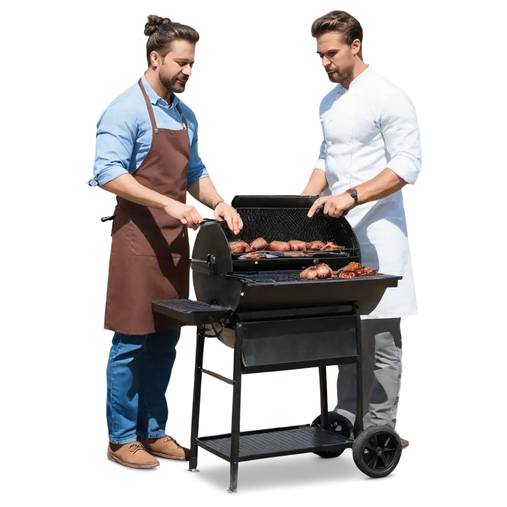 Imagen comercial. Un cheff assando carne en una barbacoa humeante mirando a la camara