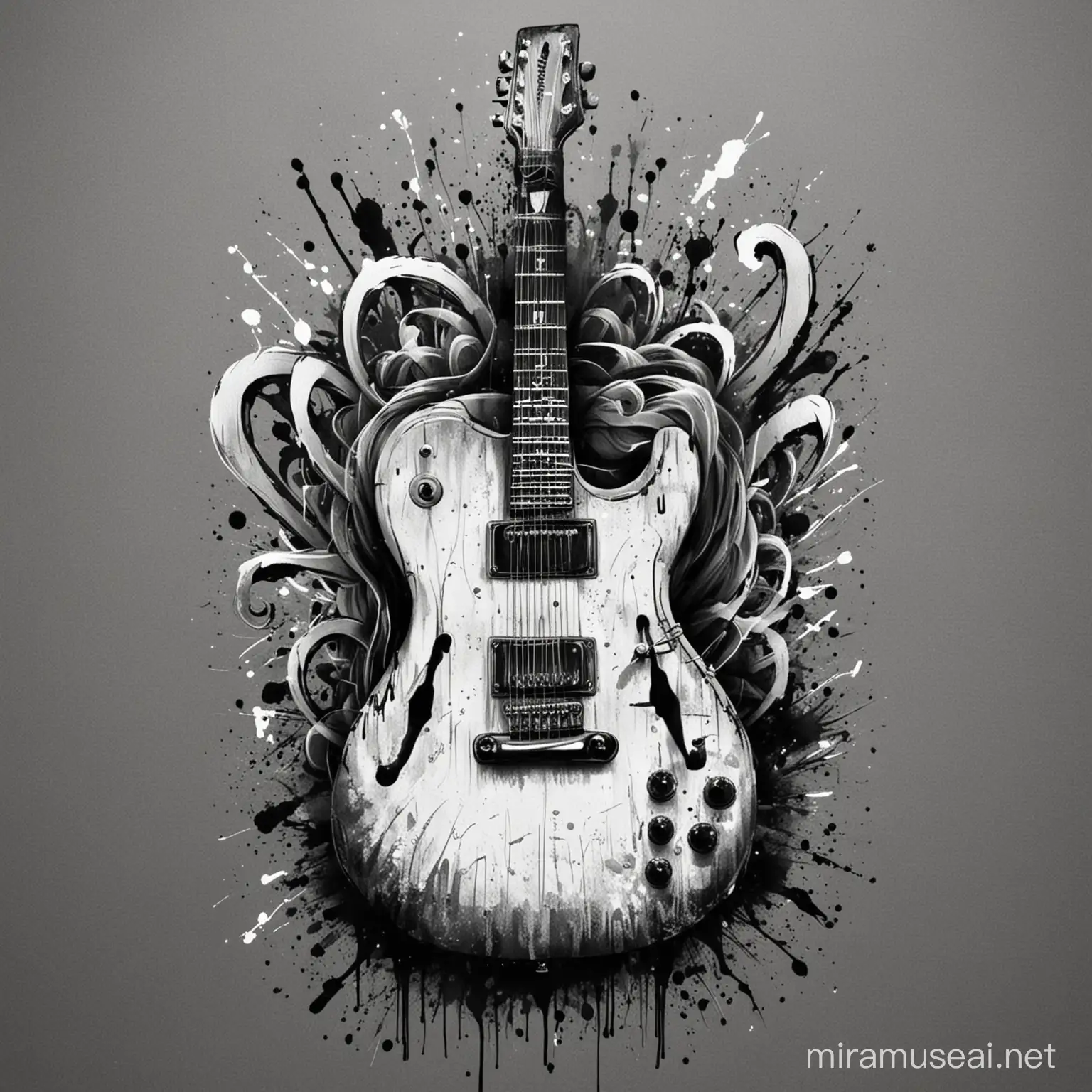 give me a simple t shirt design based on a simple guitar painted in a graffitti. Use only black and white colours 
