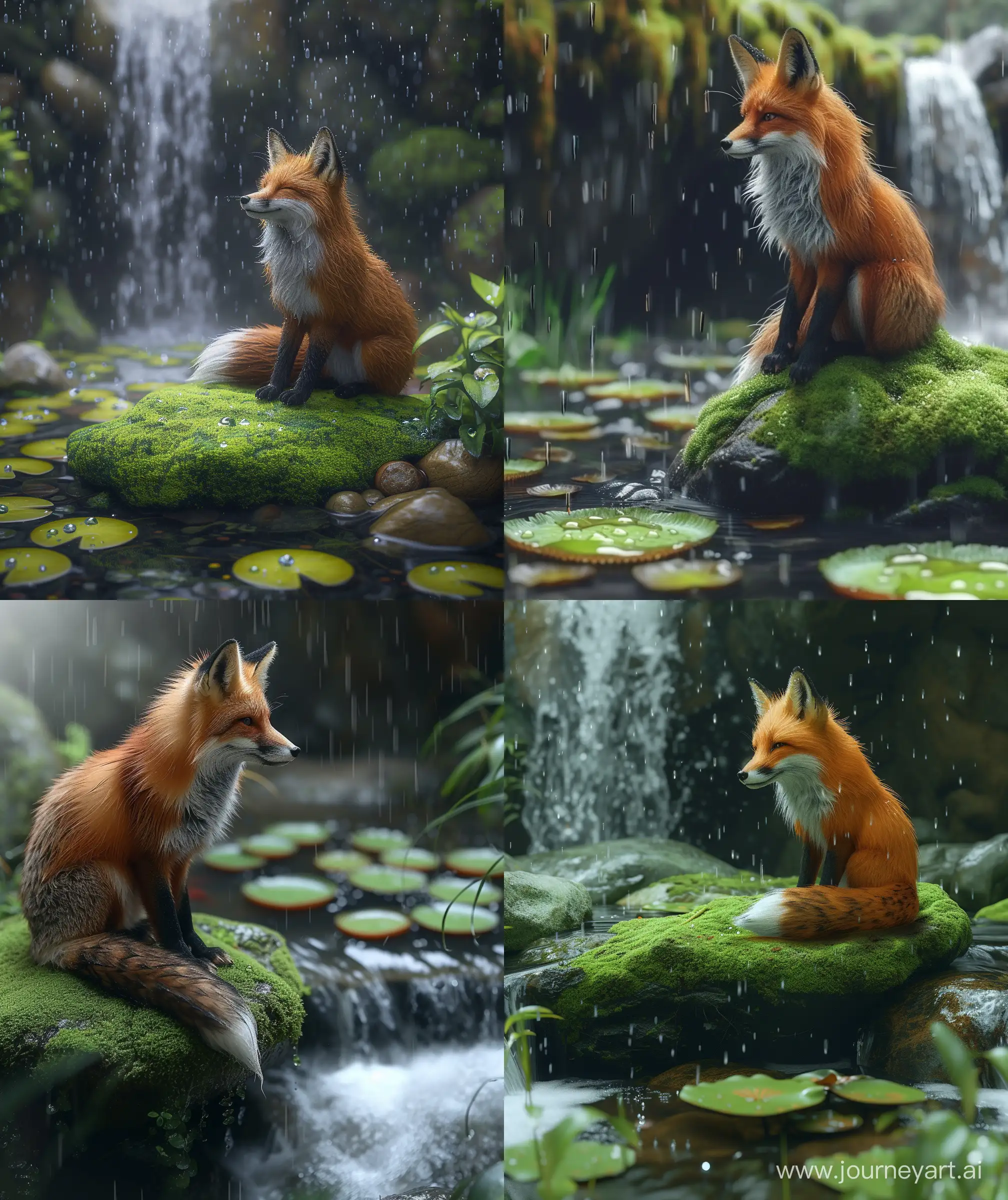Anime-Style-Cute-Fox-on-Mossy-Rock-by-Waterfall-in-Rainy-Weather