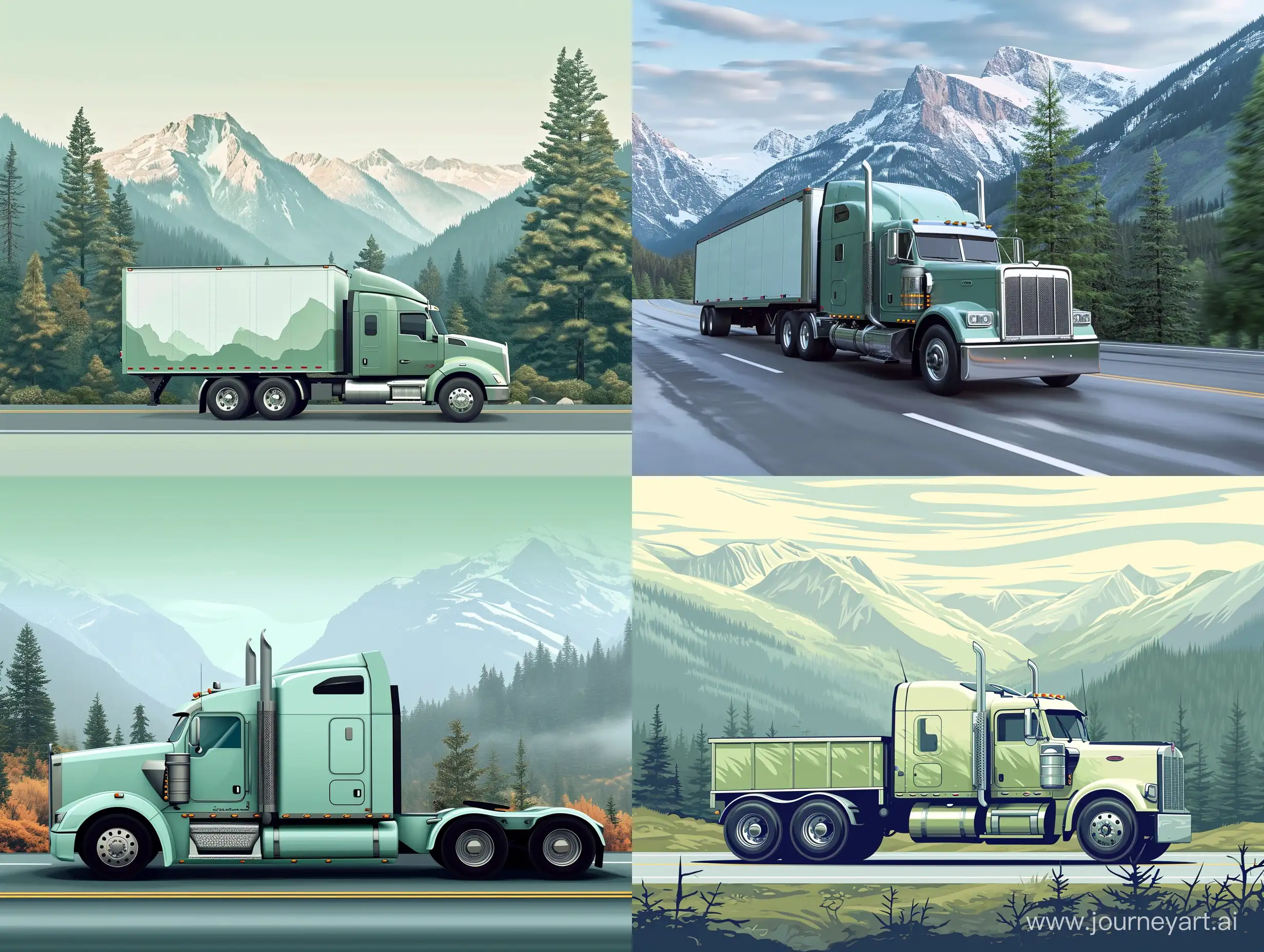 A realistically detailed American truck with a light green color to be in motion and have the truck to be on the road and around to be mountains and forest