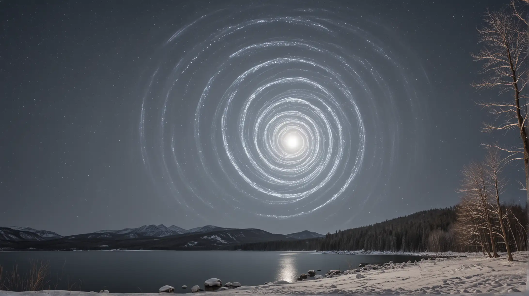 Spiral of Light Ascending from Lake at Twilight