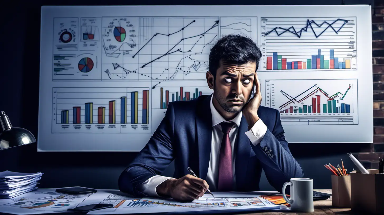 Create an image of an entrepreneur working on a startup, surrounded by charts and graphs, their tired yet determined expression revealing the trials and tribulations of building a business.