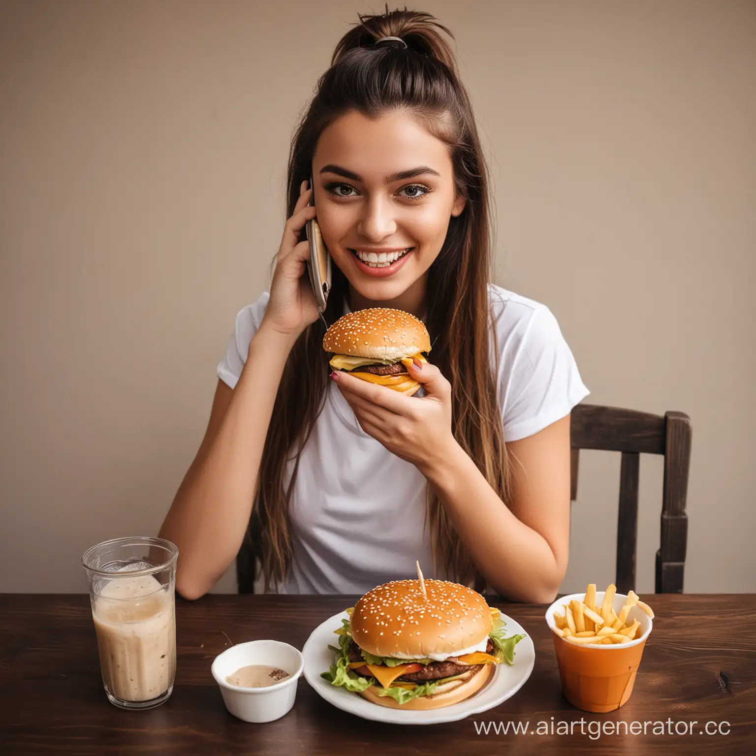 Teenage-Girl-Enjoying-Fast-Food-While-Using-Smartphone