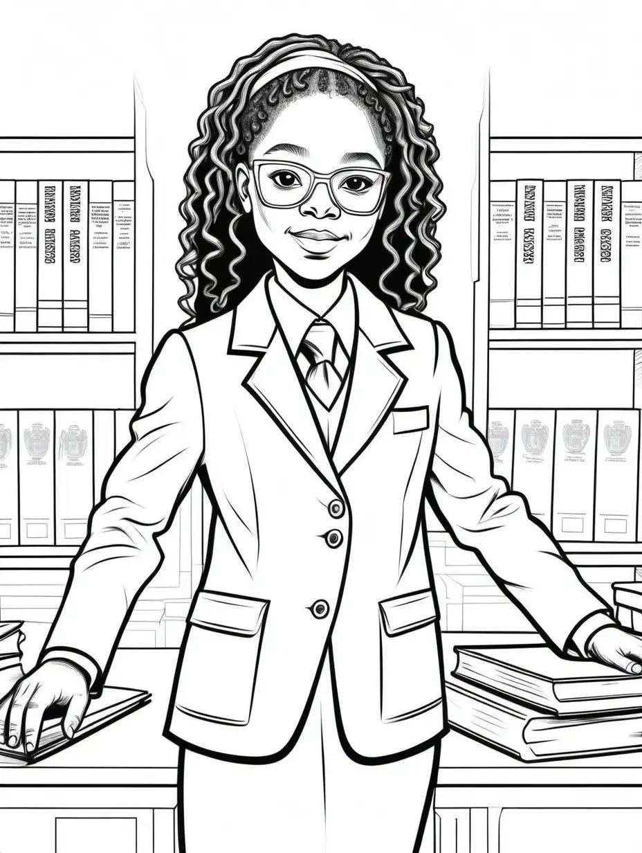 coloring book page, black and white line art, 10 year old African American girl in full body working as a lawyer