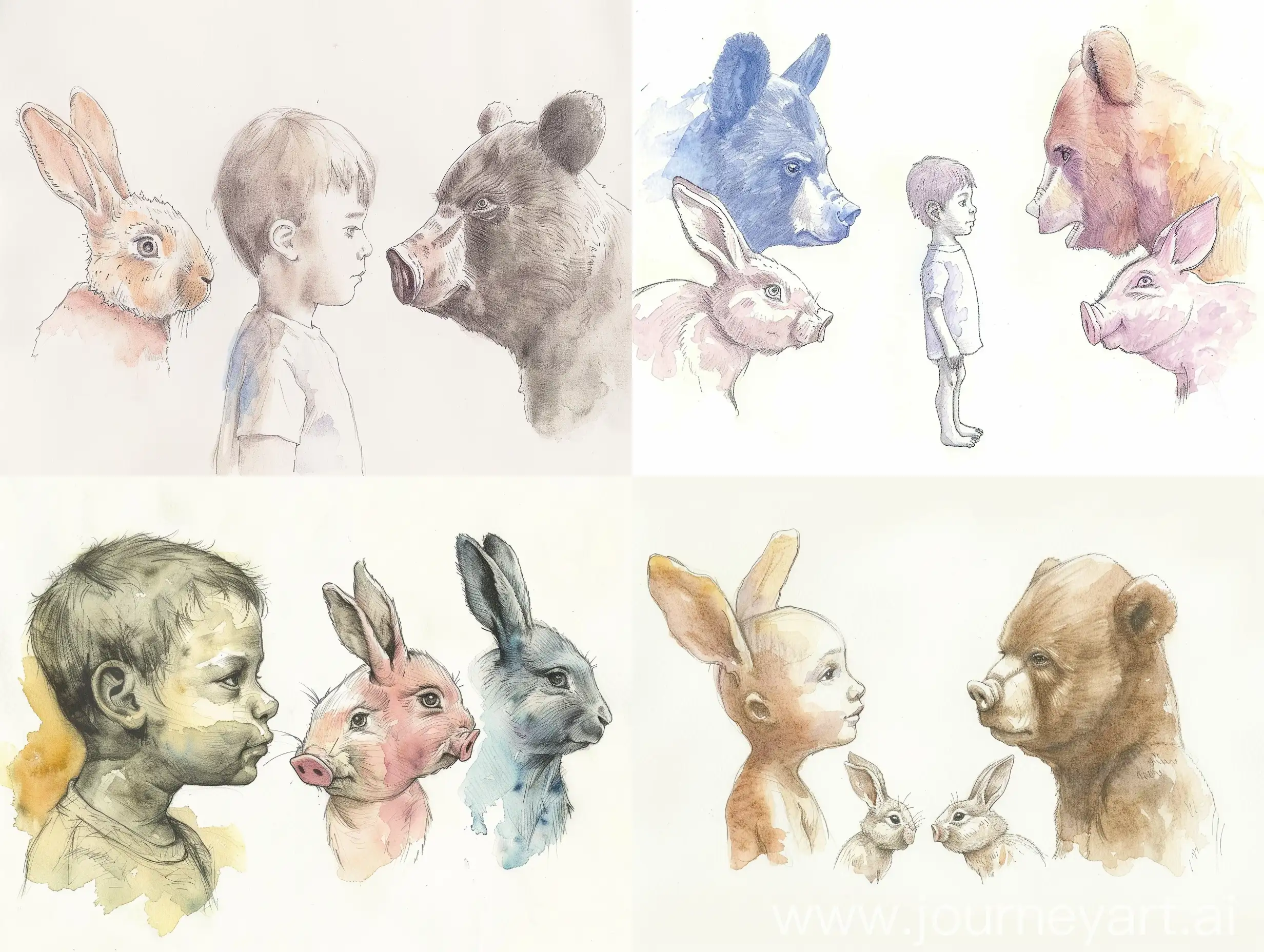 Watercolor image of a child's drawing of a 10-year-old child, faces in profile of a rabbit, bear and piglet are drawn in pencil