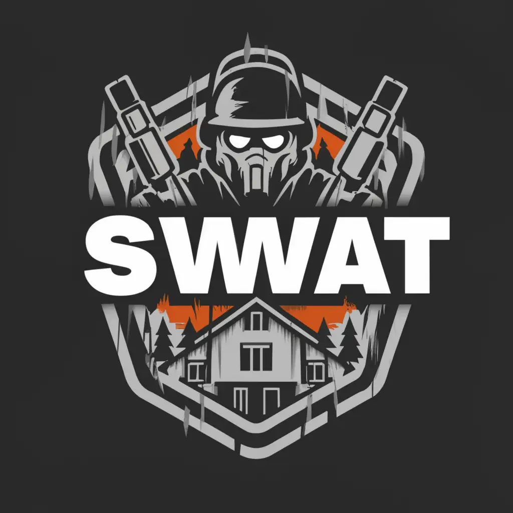a logo design,with the text "SWAT", main symbol:A SWAT Team breaching a empty house on a rainy day with loads of armored cars surrounding the house,complex,clear background