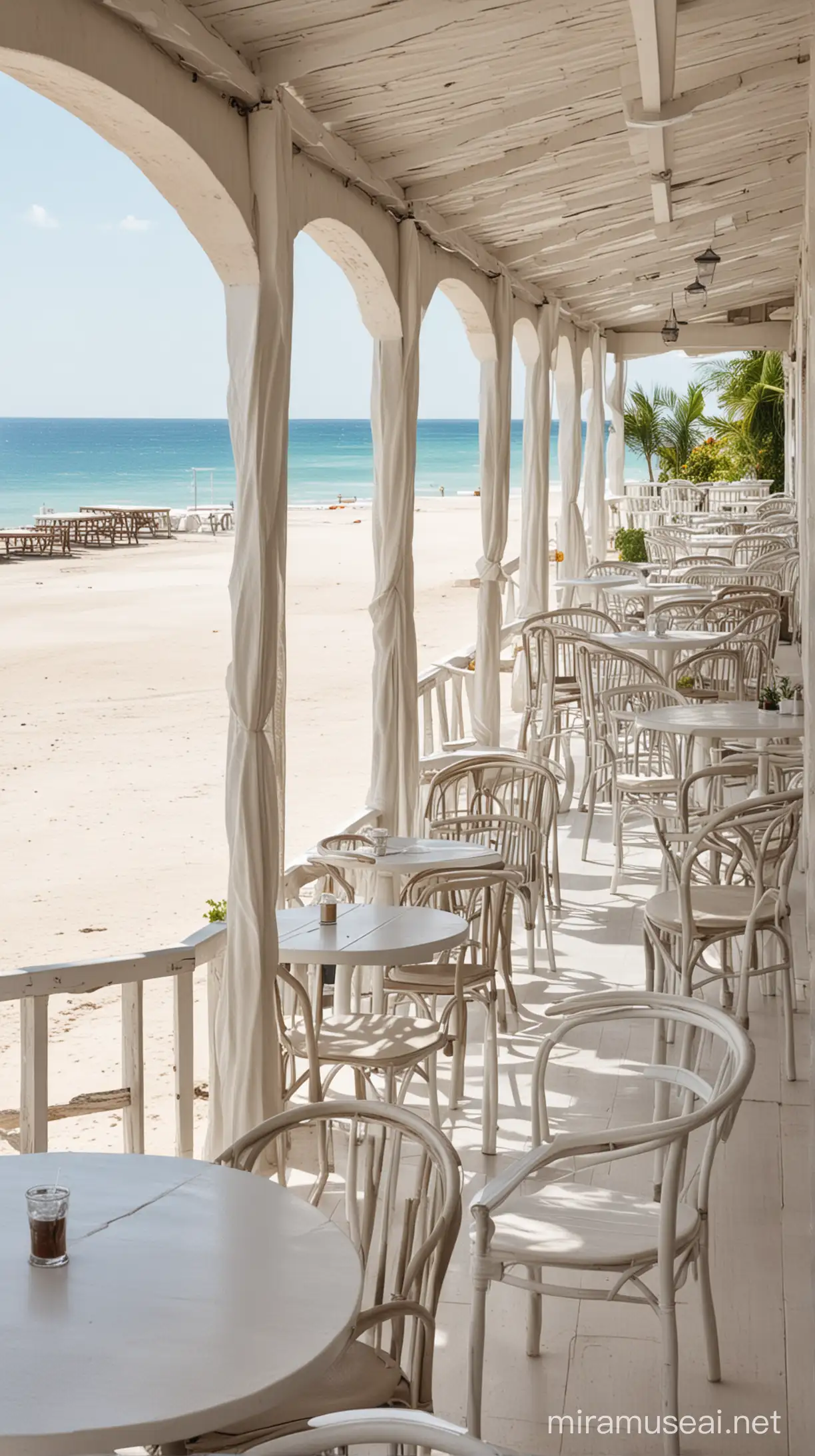 Летняя веранда кафе с несколькими столиками на фоне белого пляжа поодаль от моря. 
