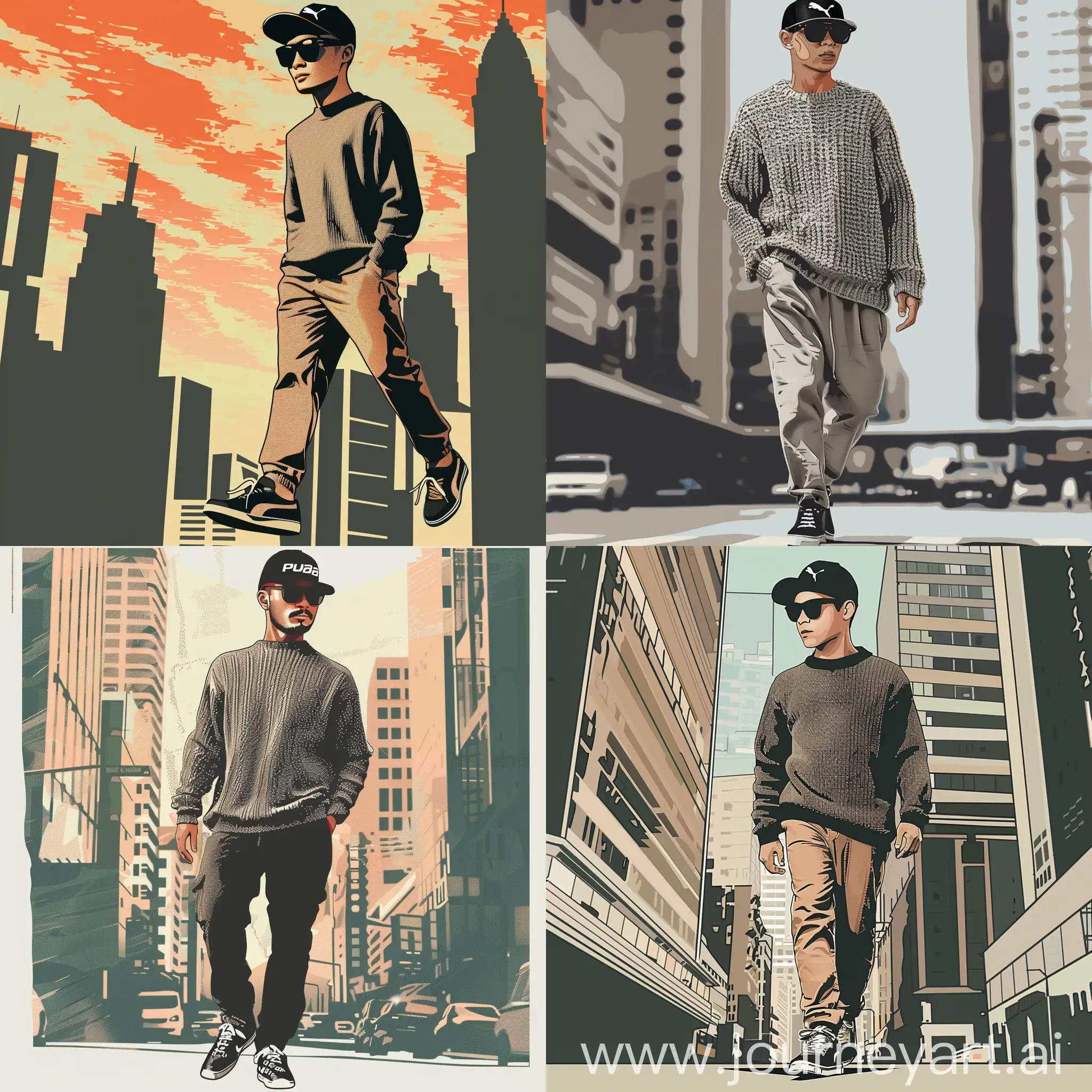  Buat gambar seni pop seorang pria tampan Indonesia berumur 21 tahun,yang mengenakan kacamata hitam,topi puma,sweeter,celana panjang dan sepatu sneakers sedang berjalan,di tengah kota
