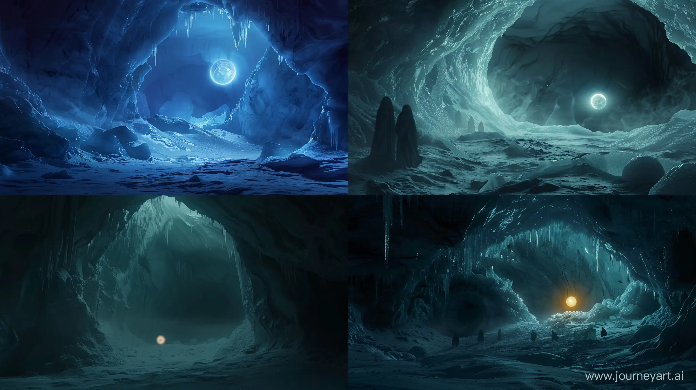 Mysterious-Glowing-Sphere-in-Dark-Icy-Cave-Surrounded-by-Ghostly-Silhouettes